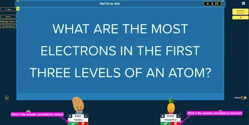 Factile quiz question screen asking about electron levels in an atom, with contestant characters at the bottom.