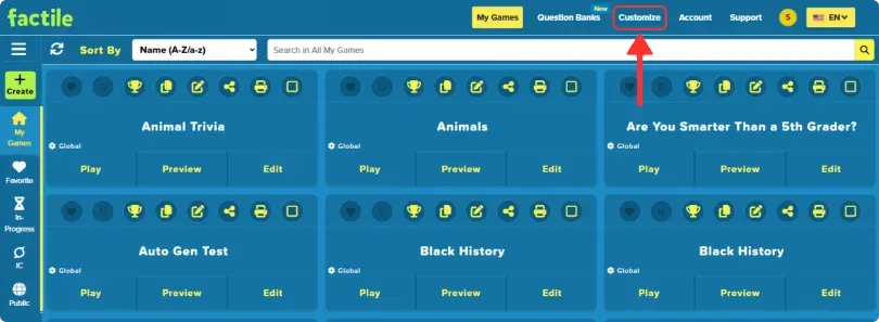 A jeopardy games list page pointing an arrow to customizations