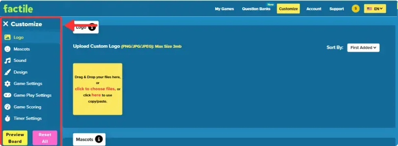 a cursor pointing towards the different types of customization in factile