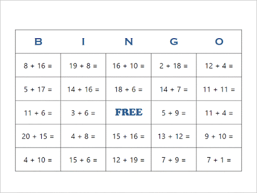 Math bingo card with addition problems in each square.