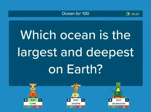 A quiz bowl question on identifying the largest and deepest ocean on Earth, featured in a game with animal character contestants.