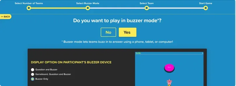 a screen where users can select whether to play the game in buzzer mode or not