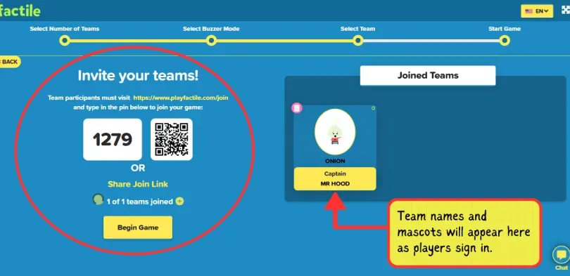 a screen where the list of joined buzzer mode players will appear, it also has the secret pin which users can use to join this particular game