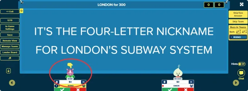 a screen displaying the jeopardy clue and a marker pointing towards the player who pressed the buzzer