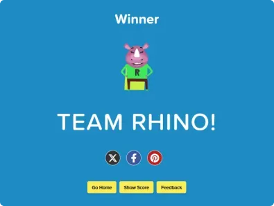 a screen announcing Team Rhino as the winner of the jeopardy game