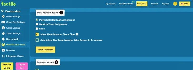 Jeopardy game customization options for allowing multi member teams