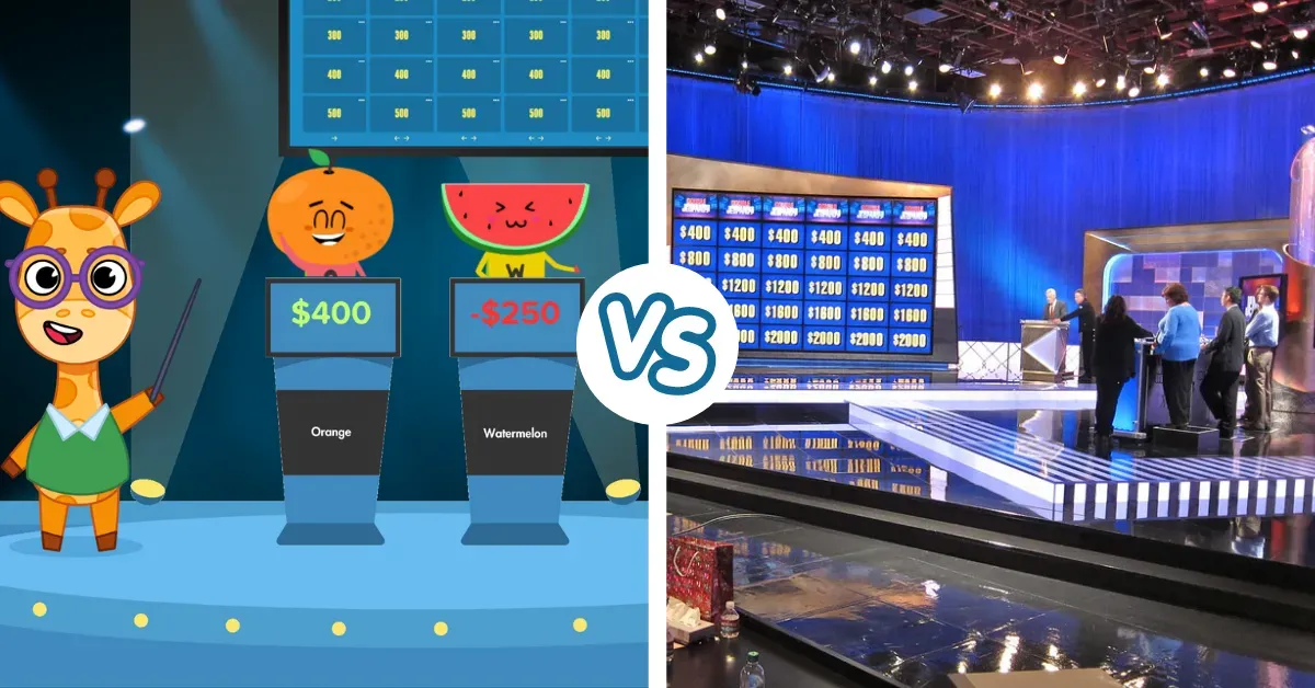 Comparison of an online Jeopardy game maker versus a real-life Jeopardy game show set.