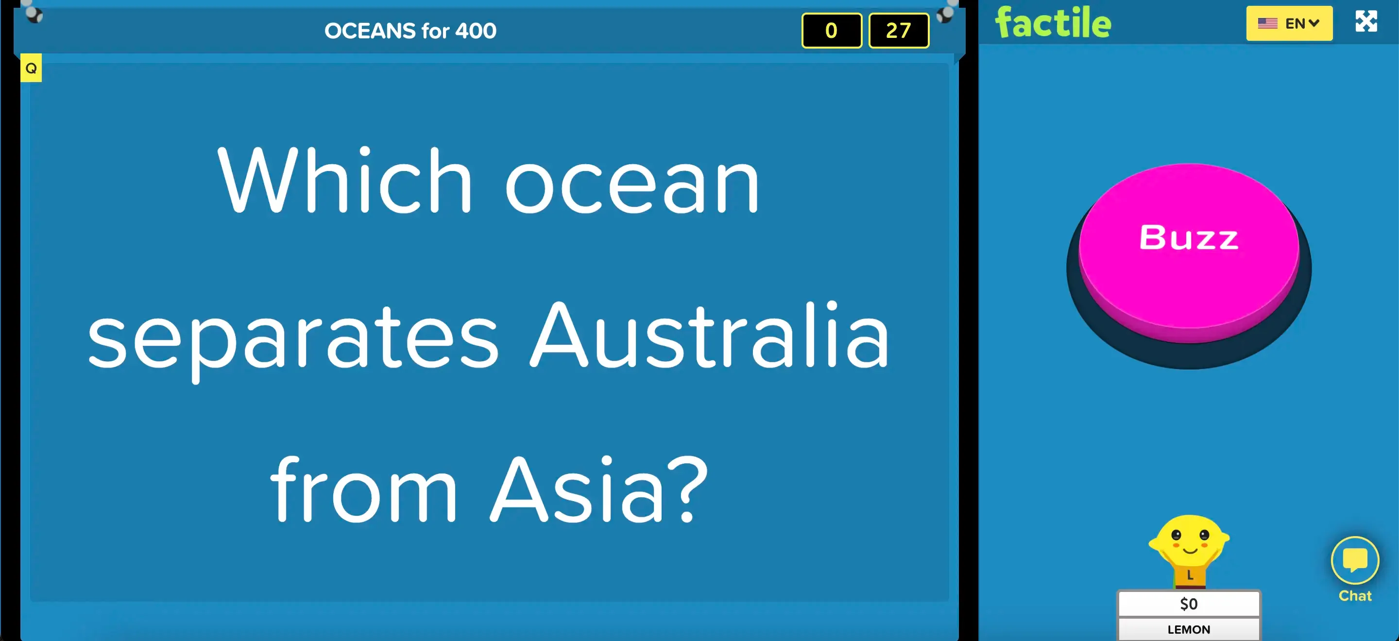 Online Jeopardy game question screen asking 'Which ocean separates Australia from Asia?' with a 'Buzz' button on the right and score displayed on top.