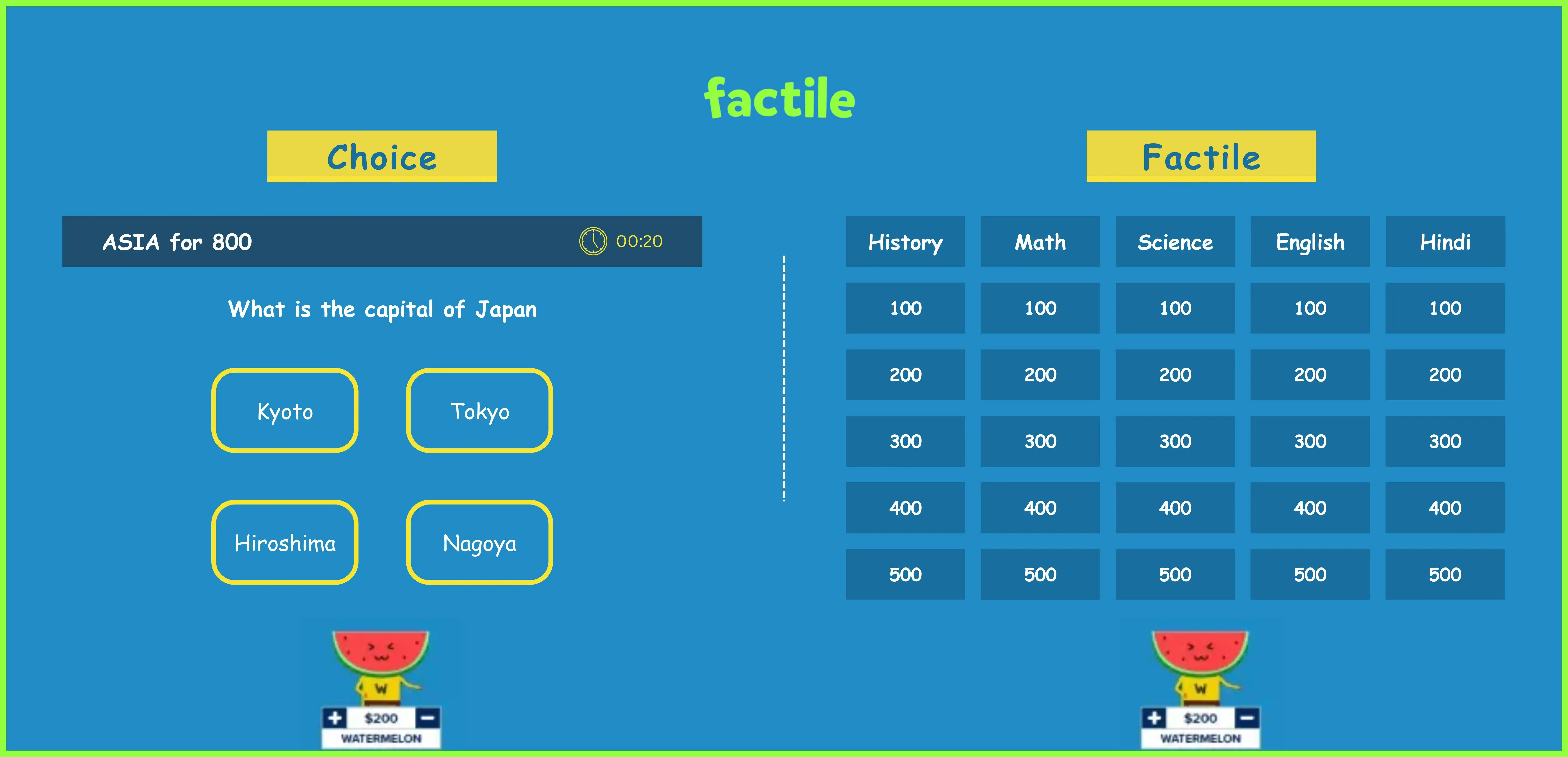 Comparison of two Factile gameplay formats. Choice Mode (left) shows a multiple-choice question about the capital of Japan. Factile Mode (right) shows a traditional Jeopardy board with categories like History, Math, and Science.
