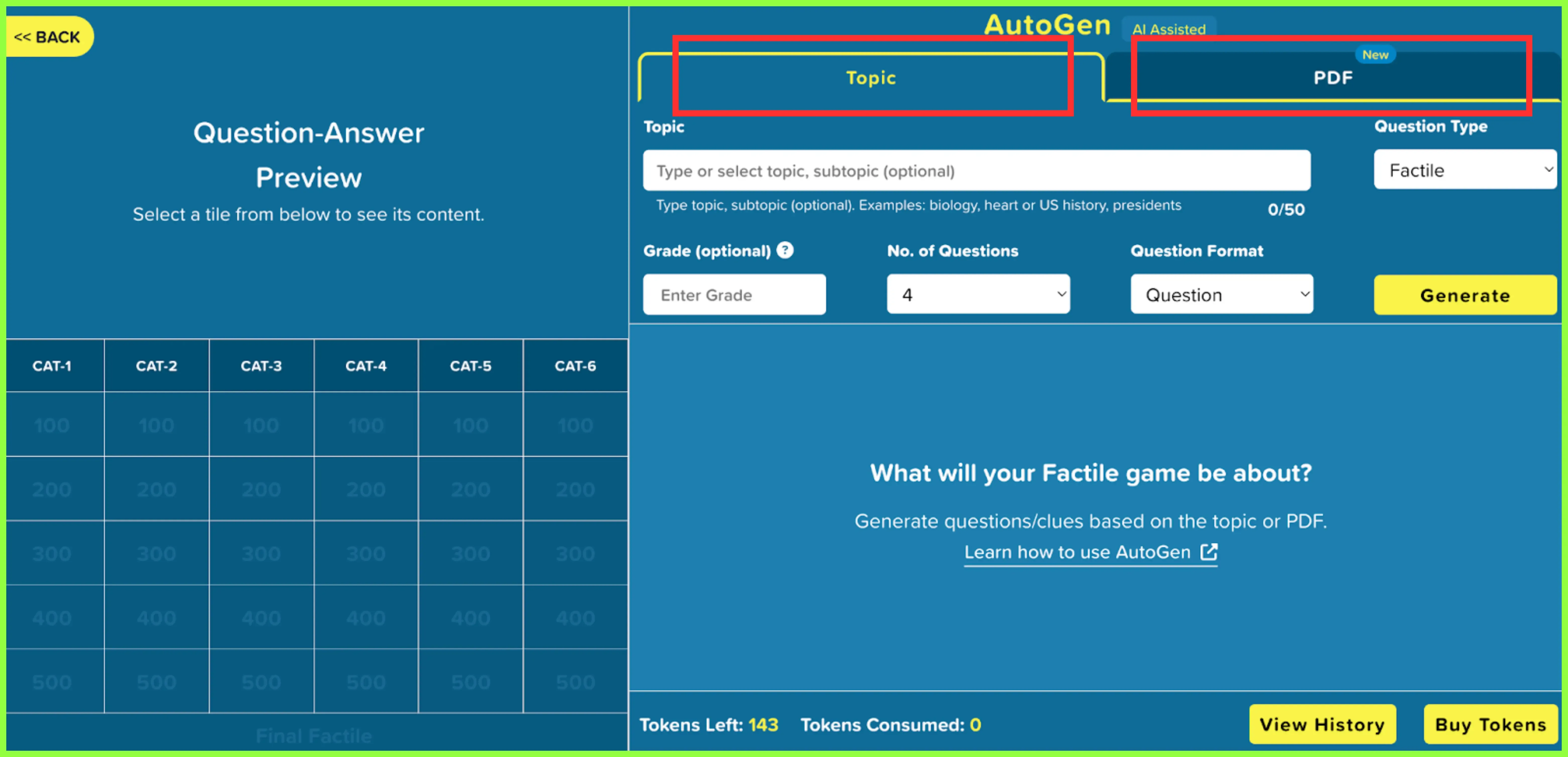 A screenshot of the AutoGen dashboard highlighting the Topic and PDF generation tabs. The interface includes fields for entering a topic, grade level, number of questions, and choosing between Question or Answer formats.