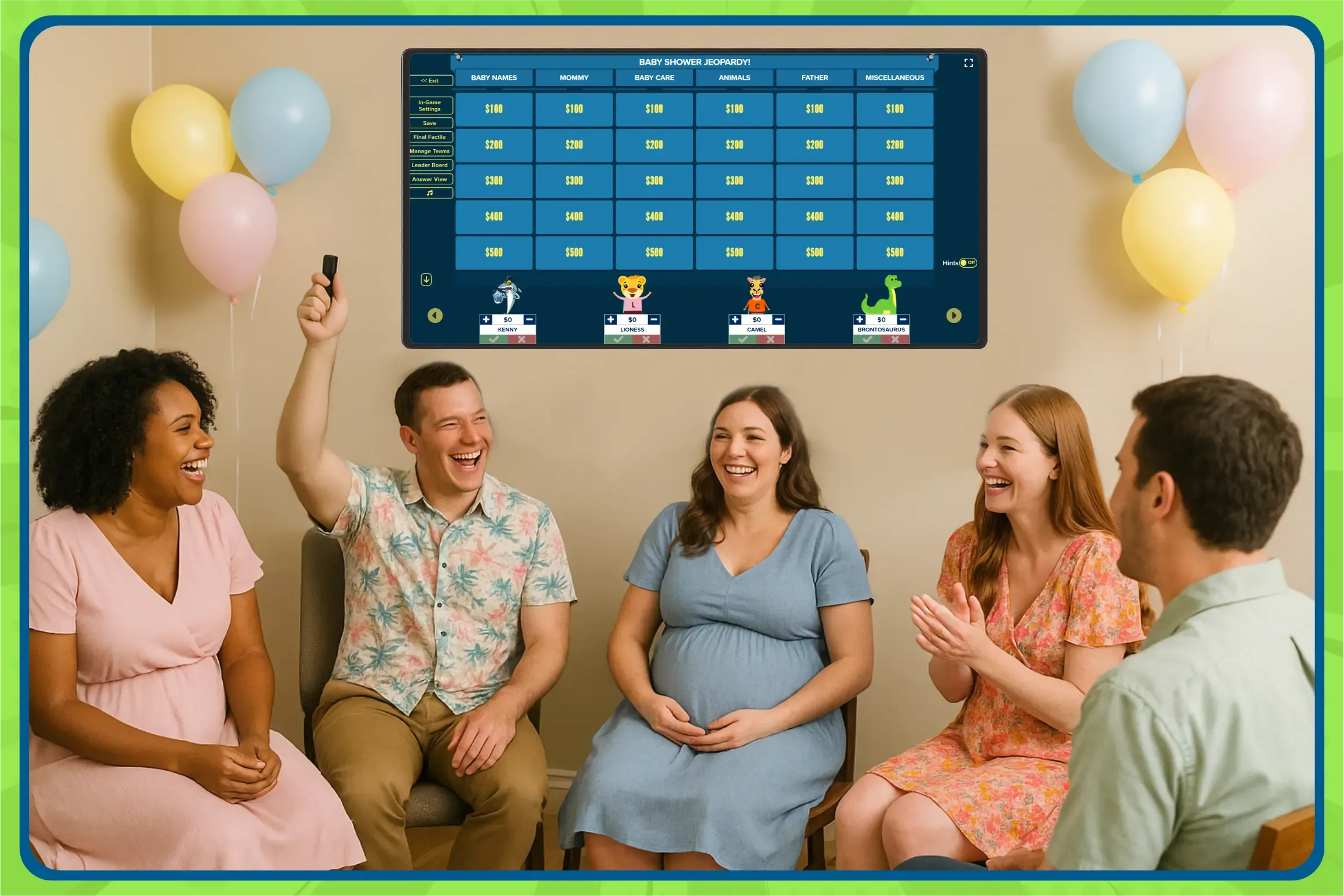 Baby shower: guests laugh and play a Factile Jeopardy‑style game; balloons decorate the room.