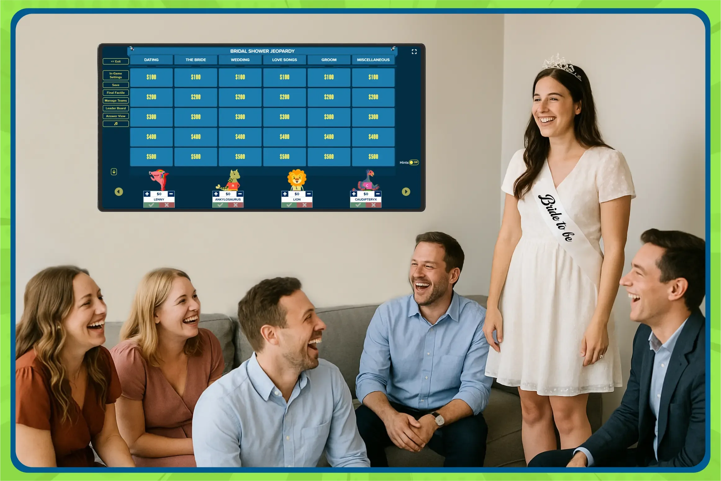 Bridal shower: bride‑to‑be stands with friends while a Factile Jeopardy‑style game board displays on the TV.