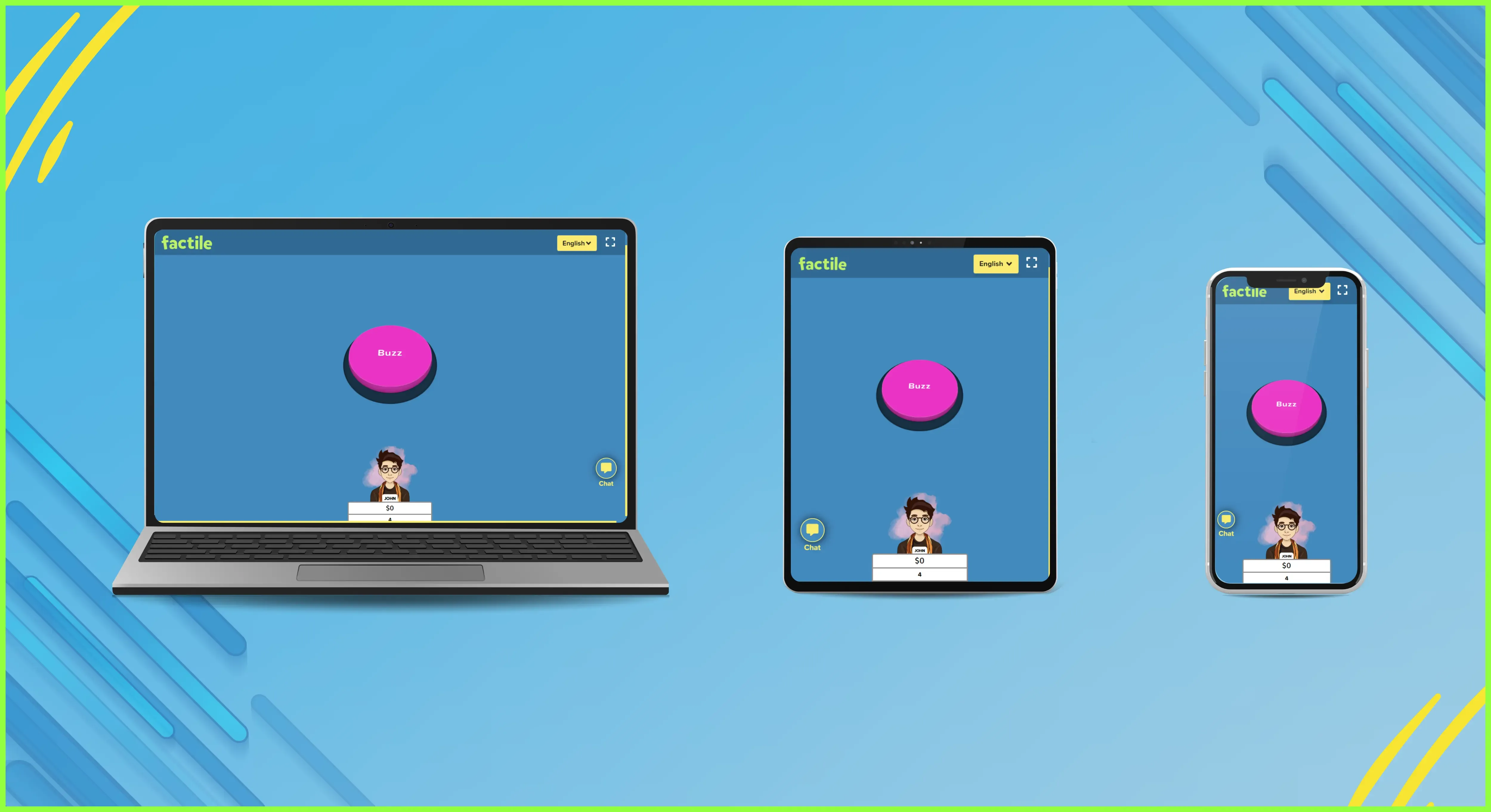 A display showing that Factile's virtual buzzer can be accessed seamlessly from multiple devices, including a smartphone, tablet, and computer.