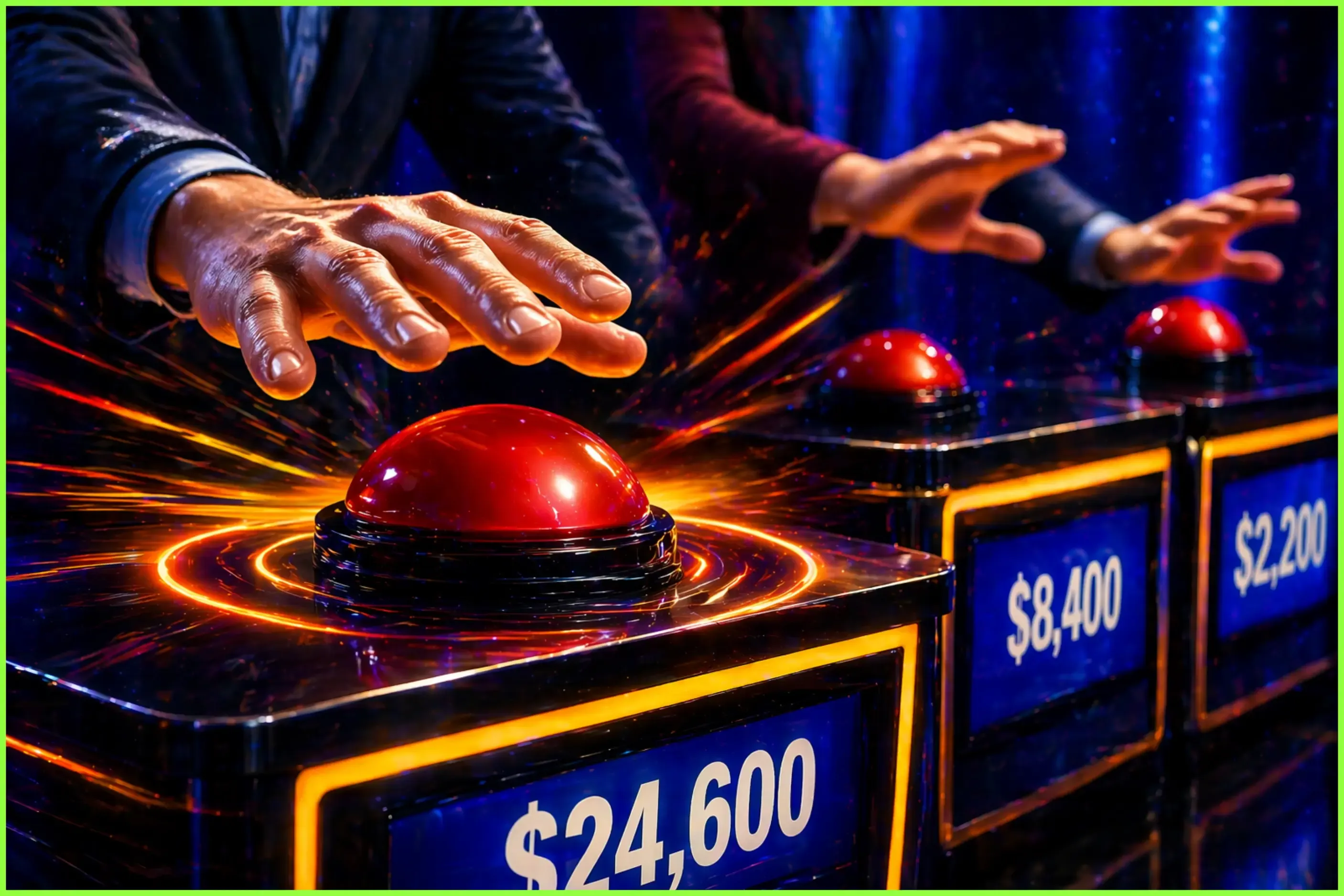 Close-up of contestants' hands pressing red game show buzzers.