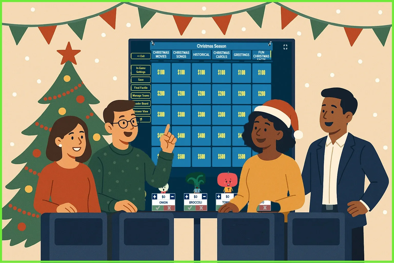 Christmas Jeopardy game on Factile with players in festive attire, playing categories like Christmas Movies, Songs, and Carols, with a Christmas tree in the background