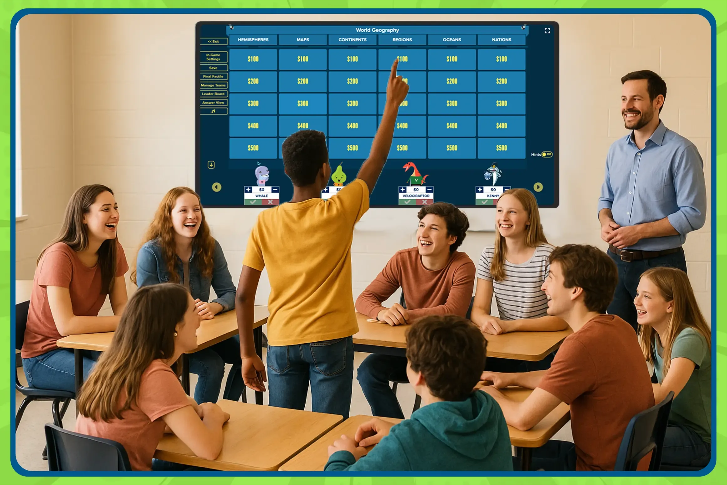 Classroom: students play a Factile Jeopardy‑style geography game; one student raises a hand to answer.