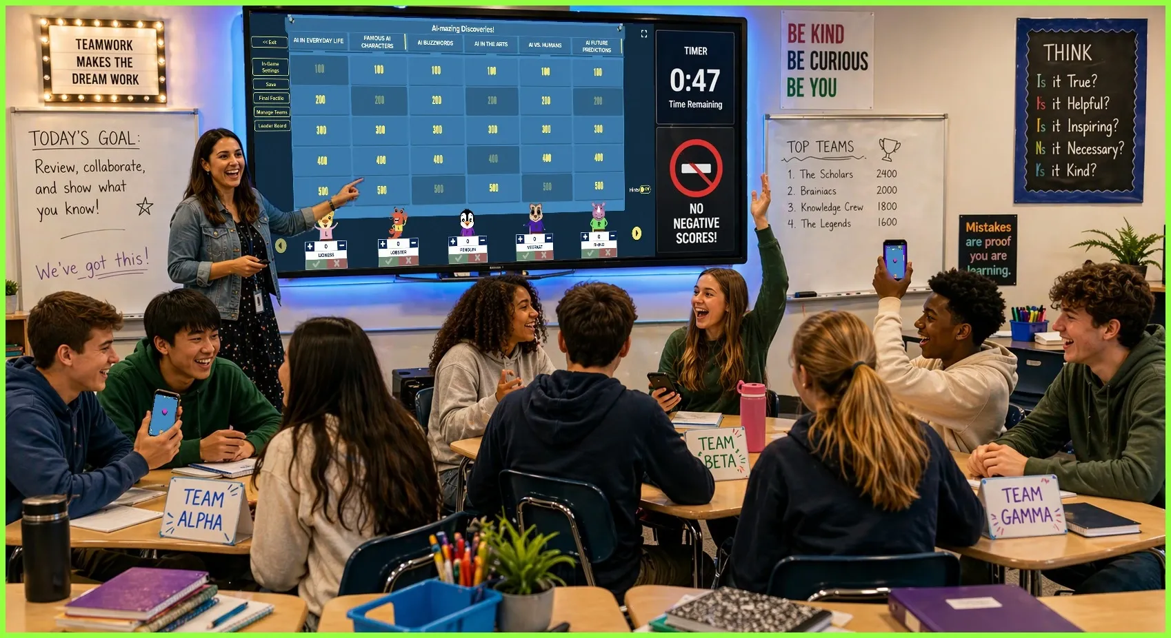 A teacher and students in a classroom enthusiastically engaging with a custom jeopardy board created by a Factile, displayed on a large interactive monitor.