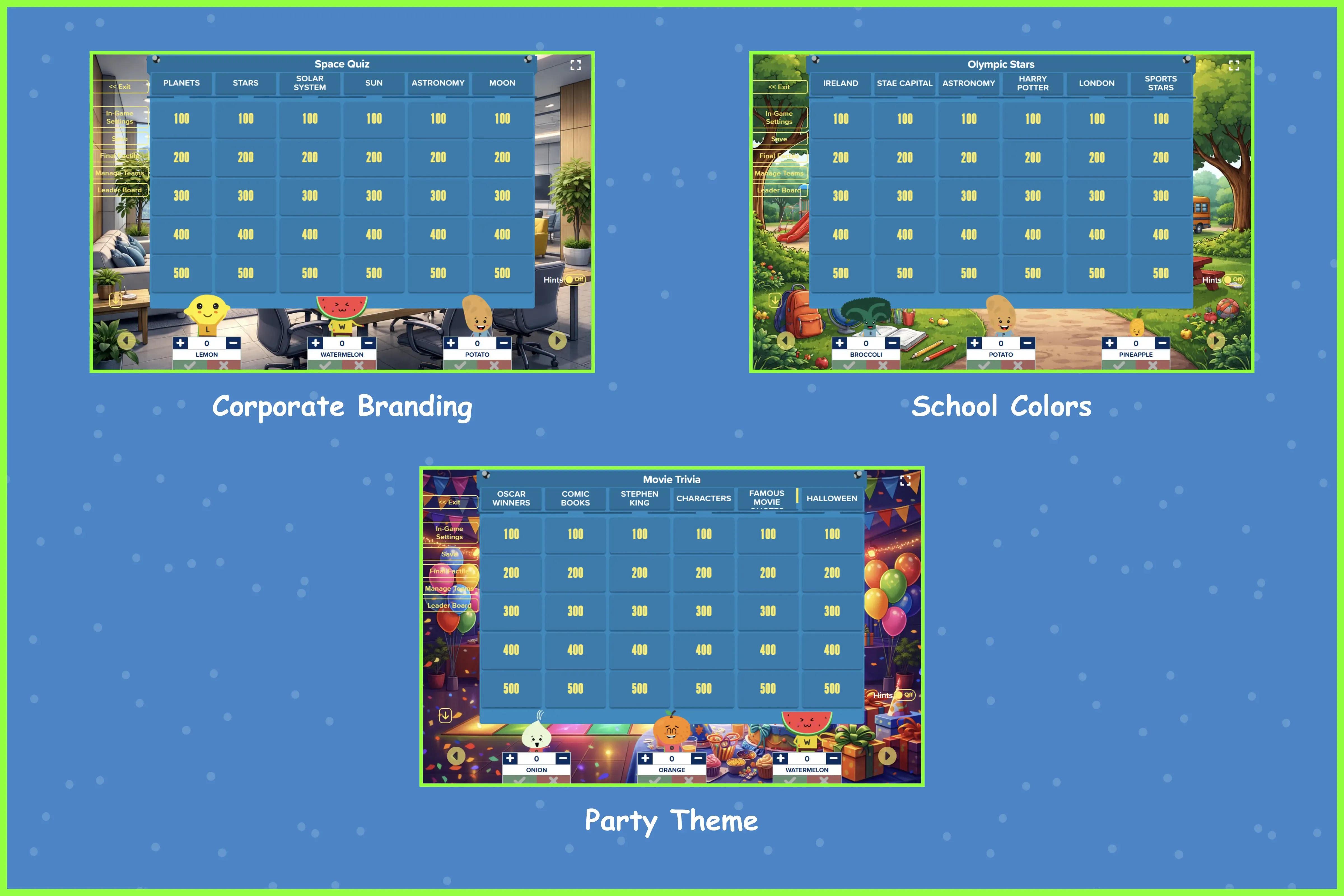 Three examples of themed game boards: Corporate, School, and Party styles with different backgrounds.