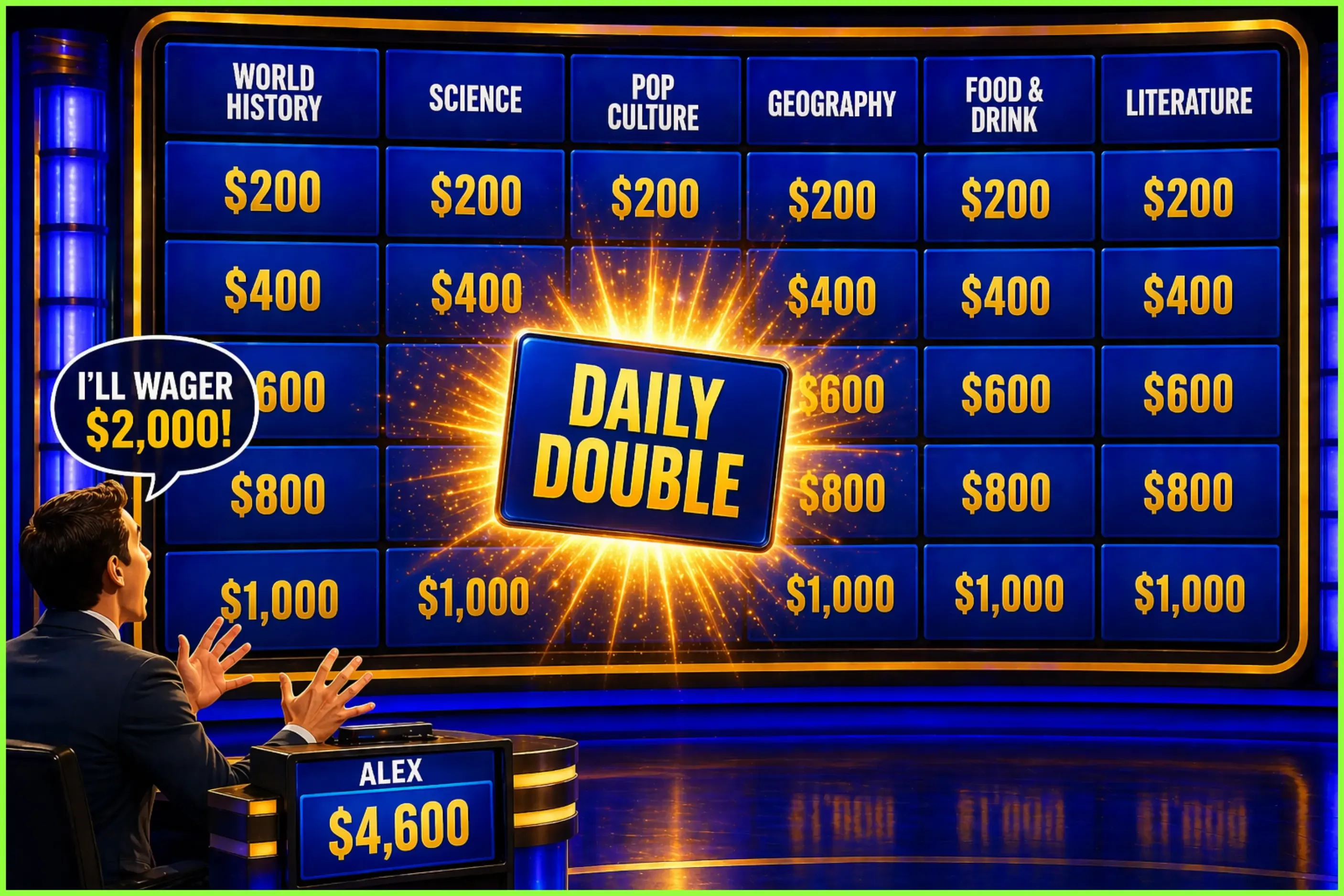Contestant wagering points after finding a Daily Double tile on the Jeopardy board.