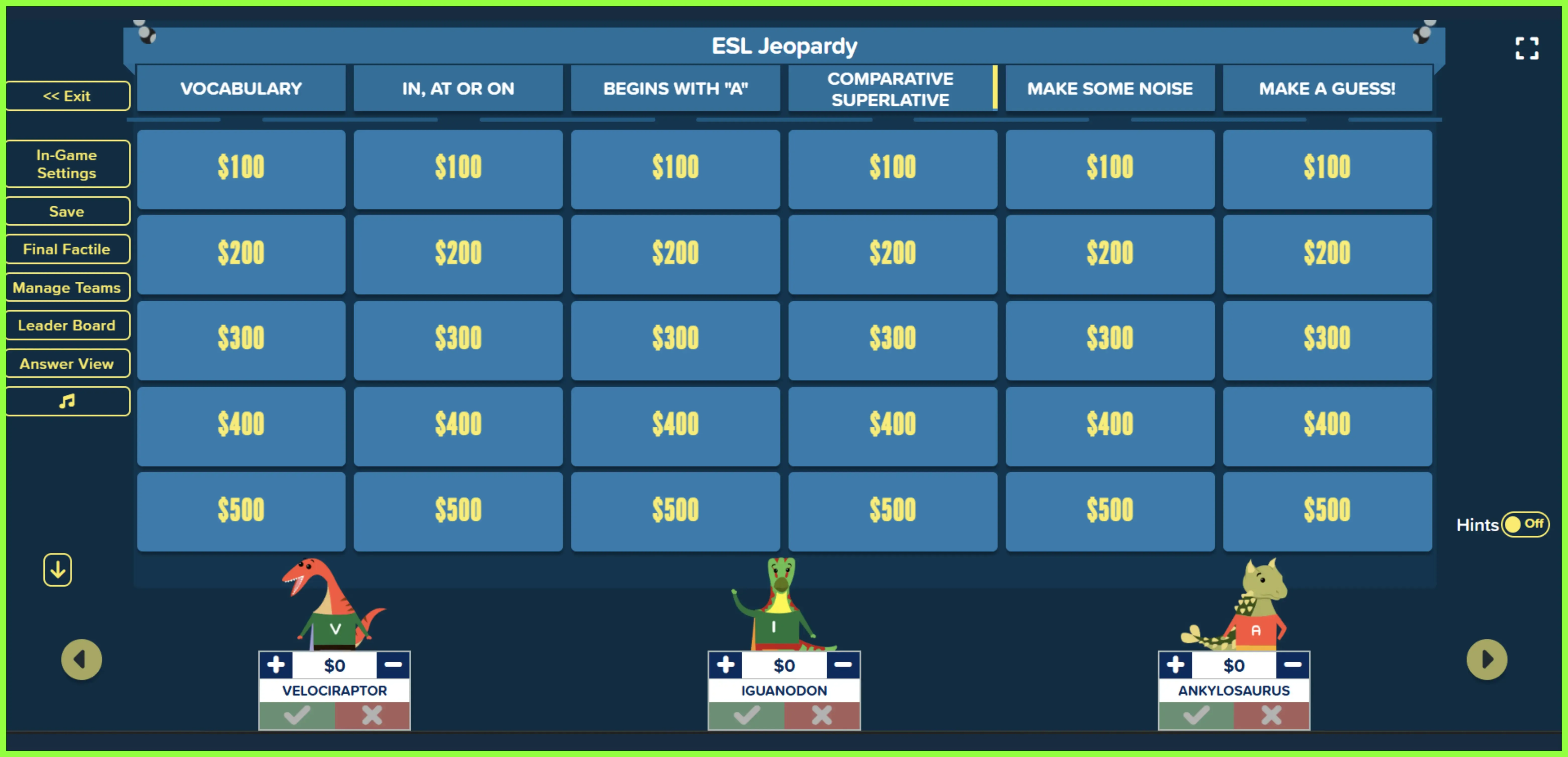Screenshot of a Factile ESL Jeopardy game board showing categories, point values, and team mascots.
