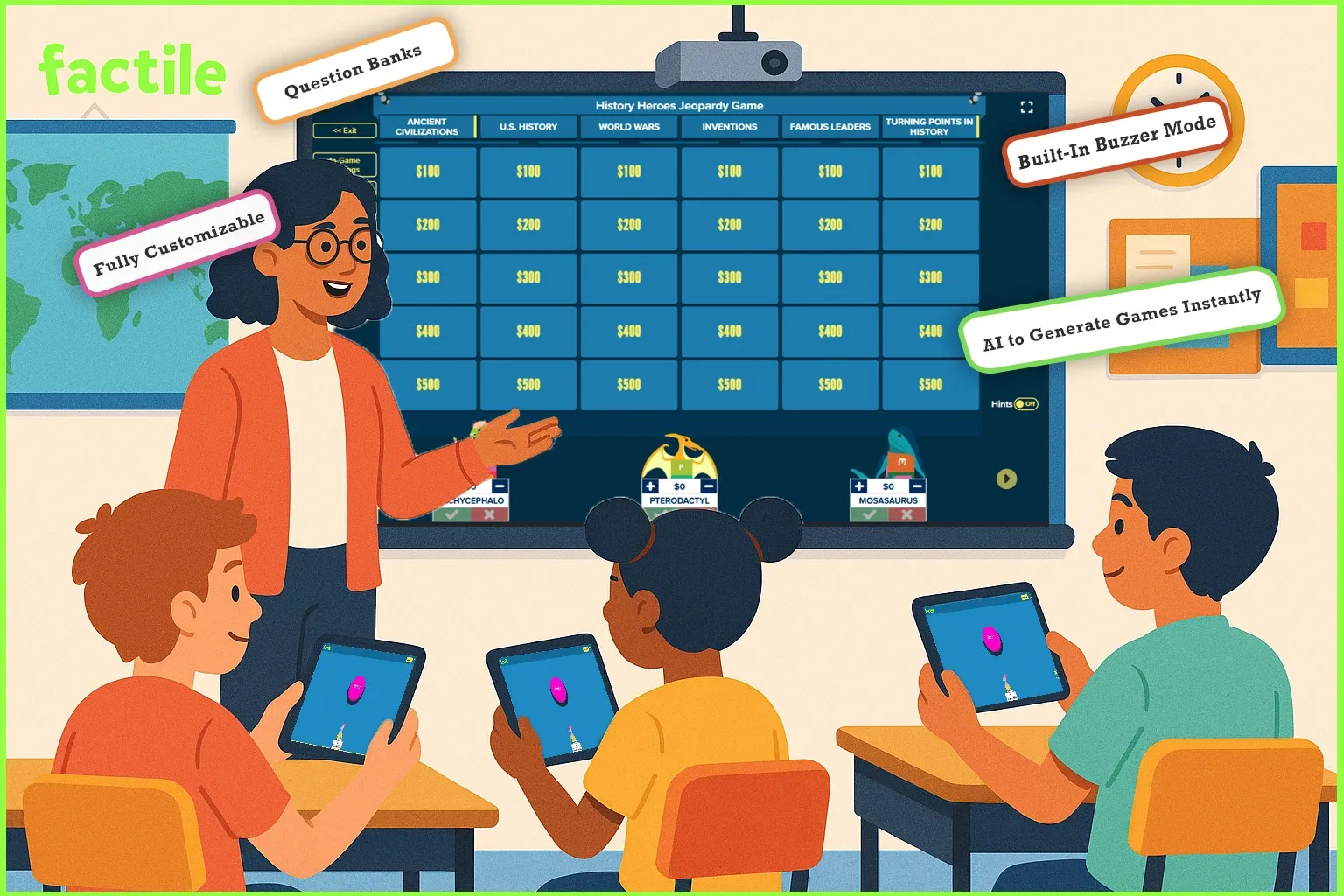 Illustration of a teacher leading a classroom Jeopardy game using Factile with students playing on tablets, featuring buzzer mode, AI game creation, and question banks