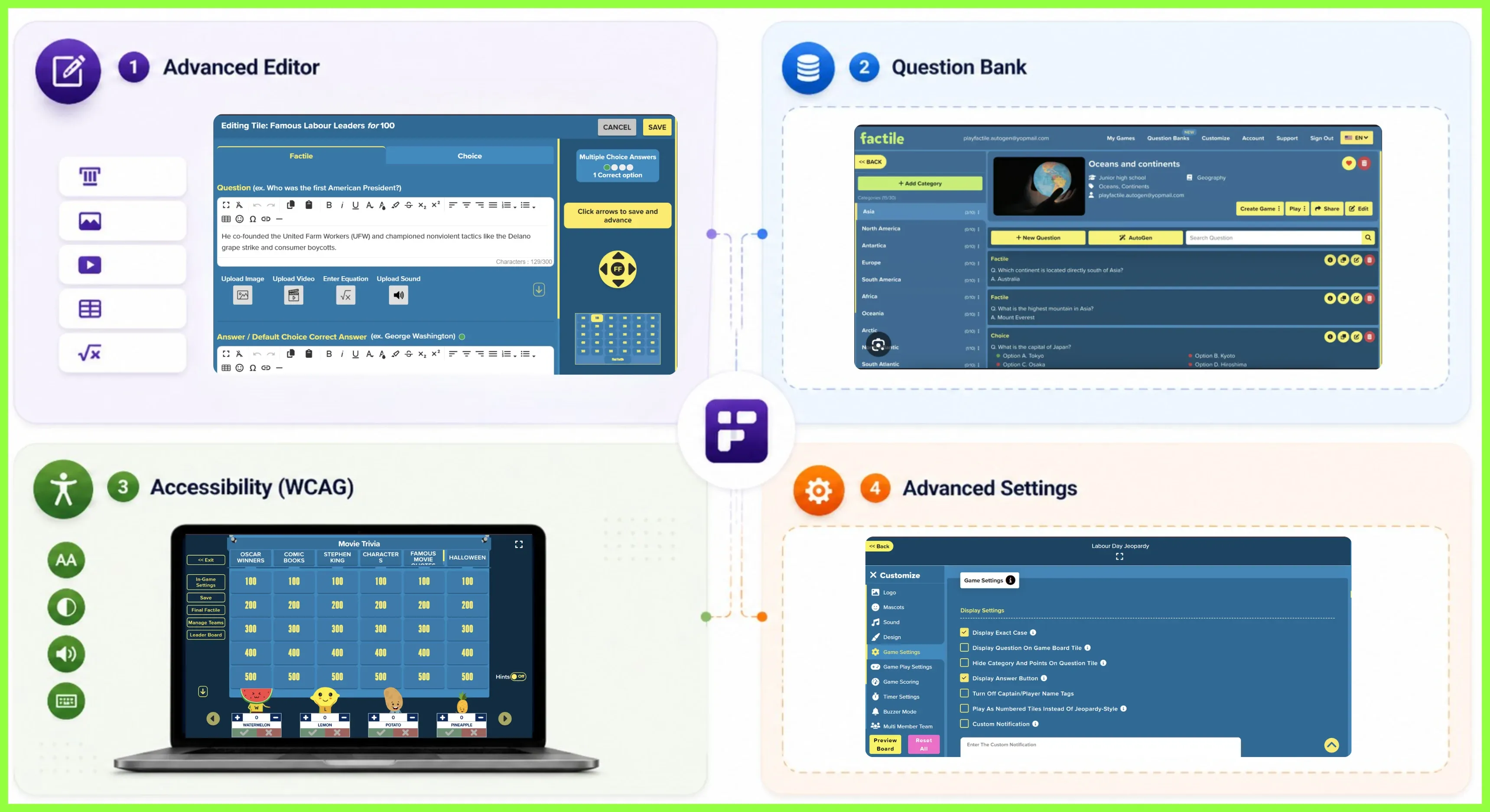 Grid showcasing Factile features: Advanced Editor for rich media, Question Bank for game variations, WCAG accessibility, and Advanced Branding Settings.