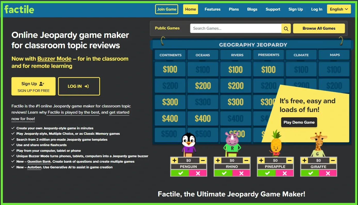 Factile Jeopardy game creation page with Geography categories and characters like Penguin, Rhino, Pineapple, and Giraffe ready to play