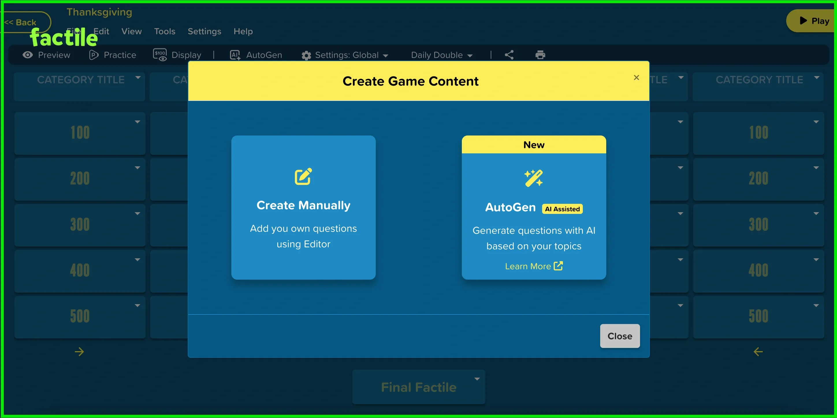 Screenshot of Factile showing options to create a Thanksgiving Jeopardy game manually or with AutoGen AI