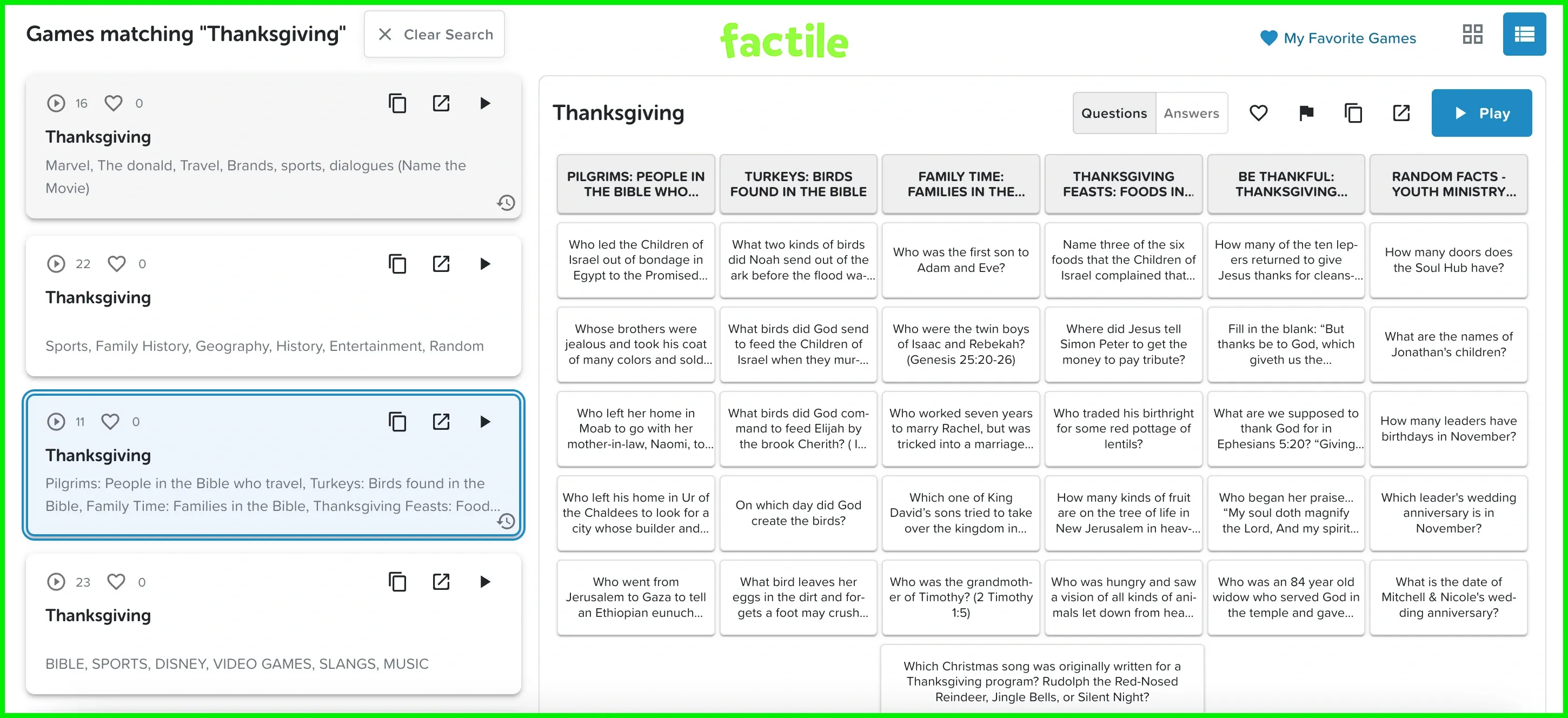 Screenshot of Factile showing Thanksgiving Jeopardy game templates with categories, questions, and search results