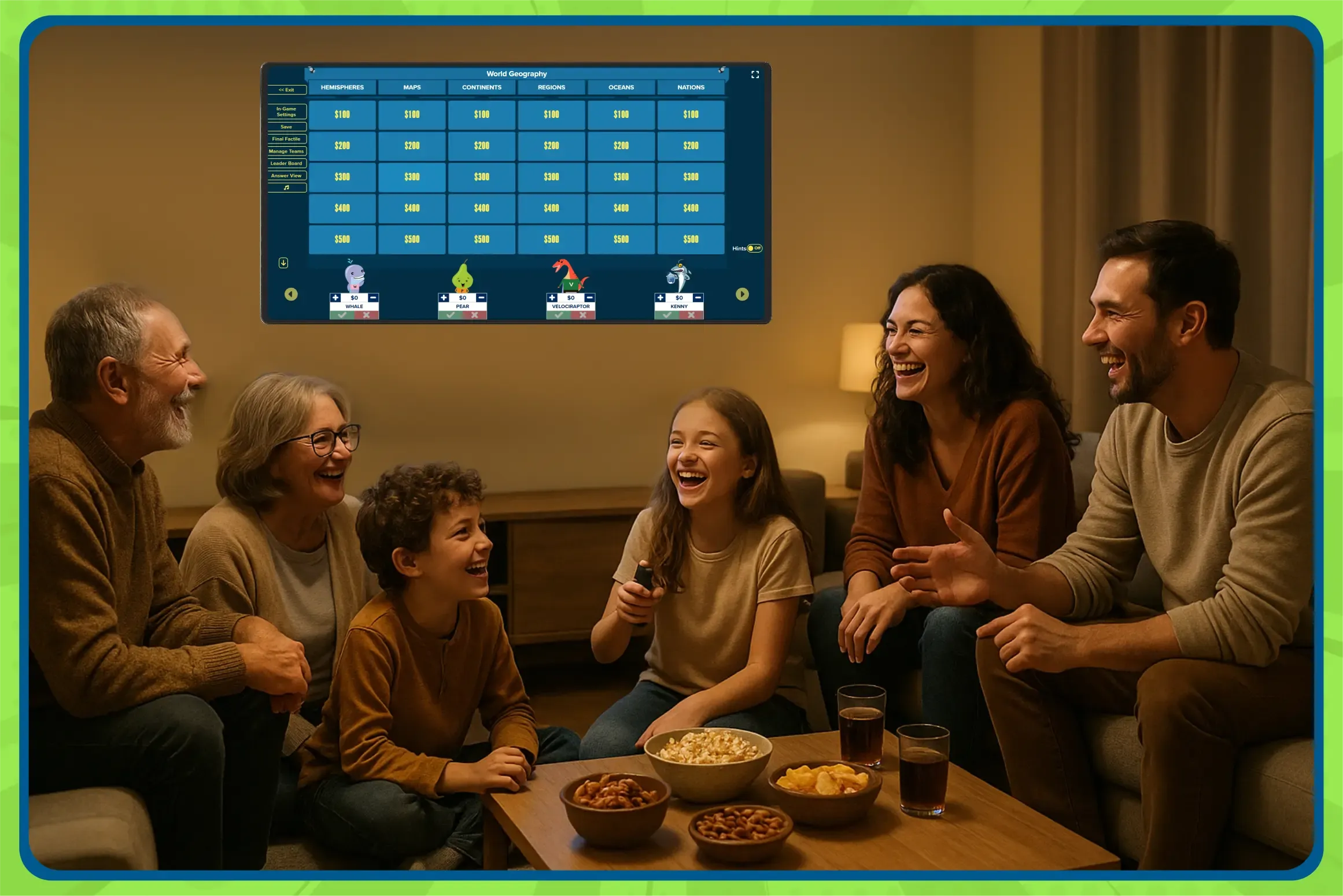 Family game night: multigenerational family laughs while playing a Factile Jeopardy‑style geography game on TV.