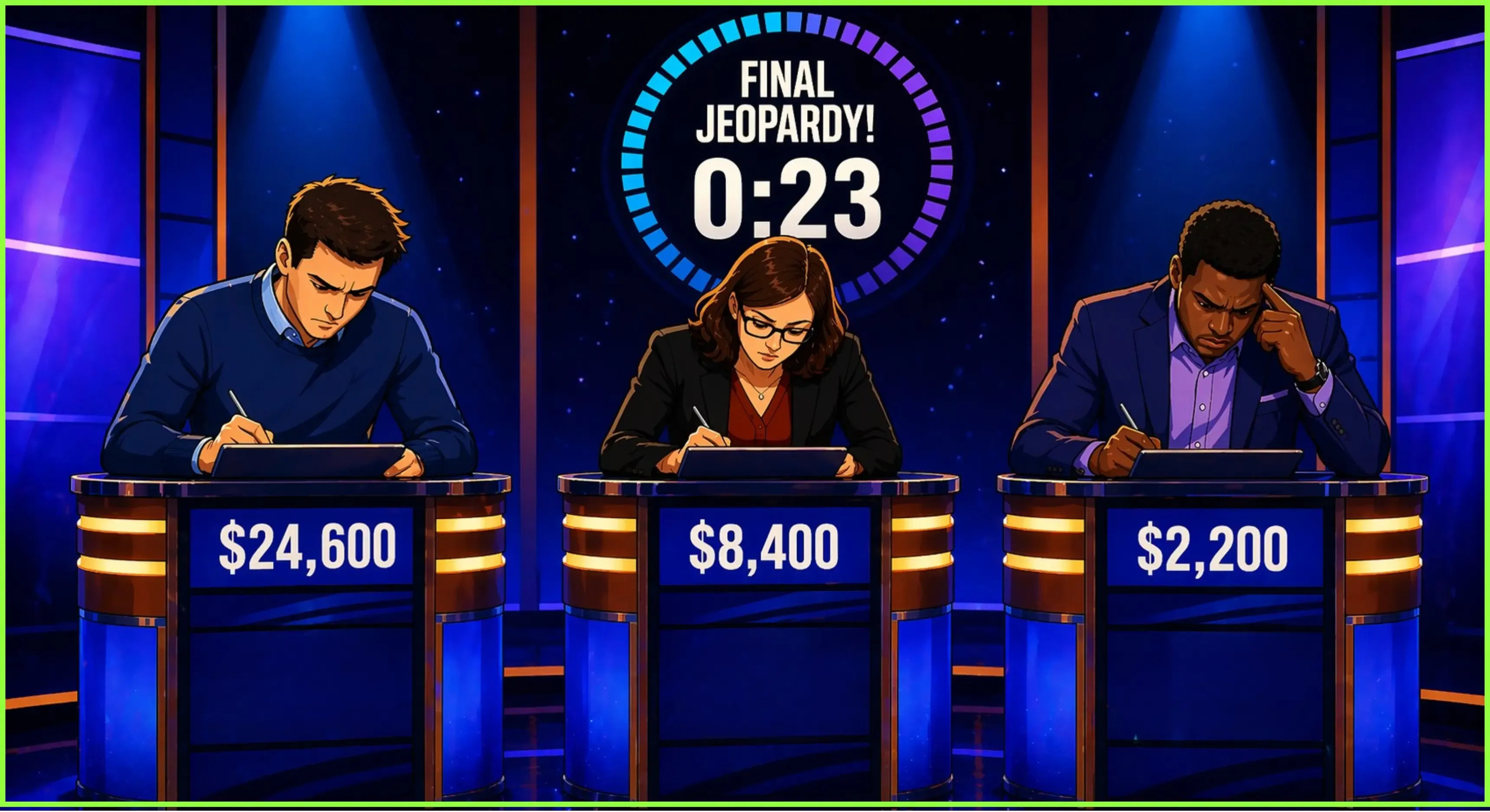 Three Jeopardy contestants writing their final wagers and answers on digital podiums.