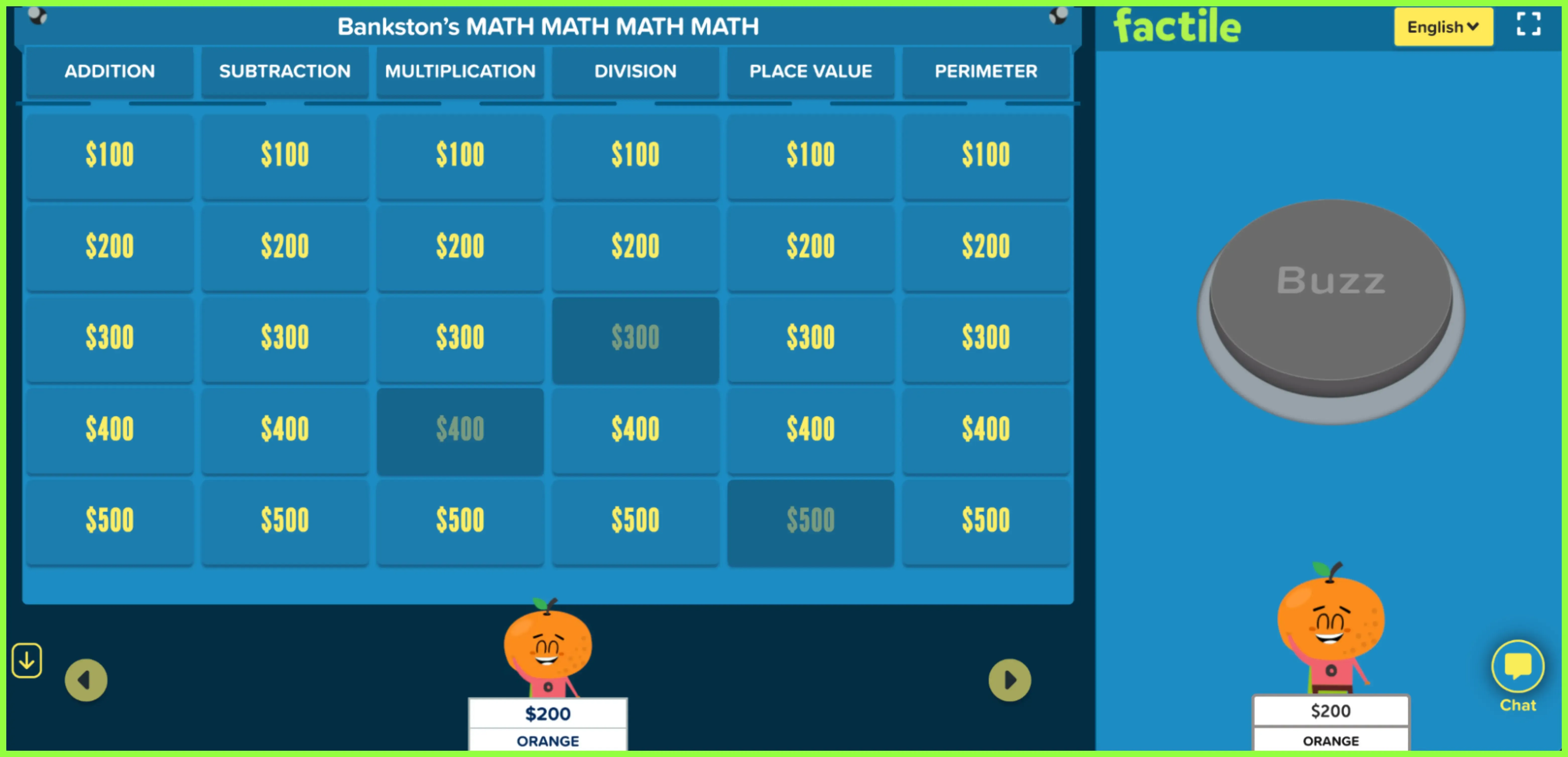 The full gameplay interface for tablets and computers, featuring the complete Jeopardy-style game board on the left and the buzzer on the right.