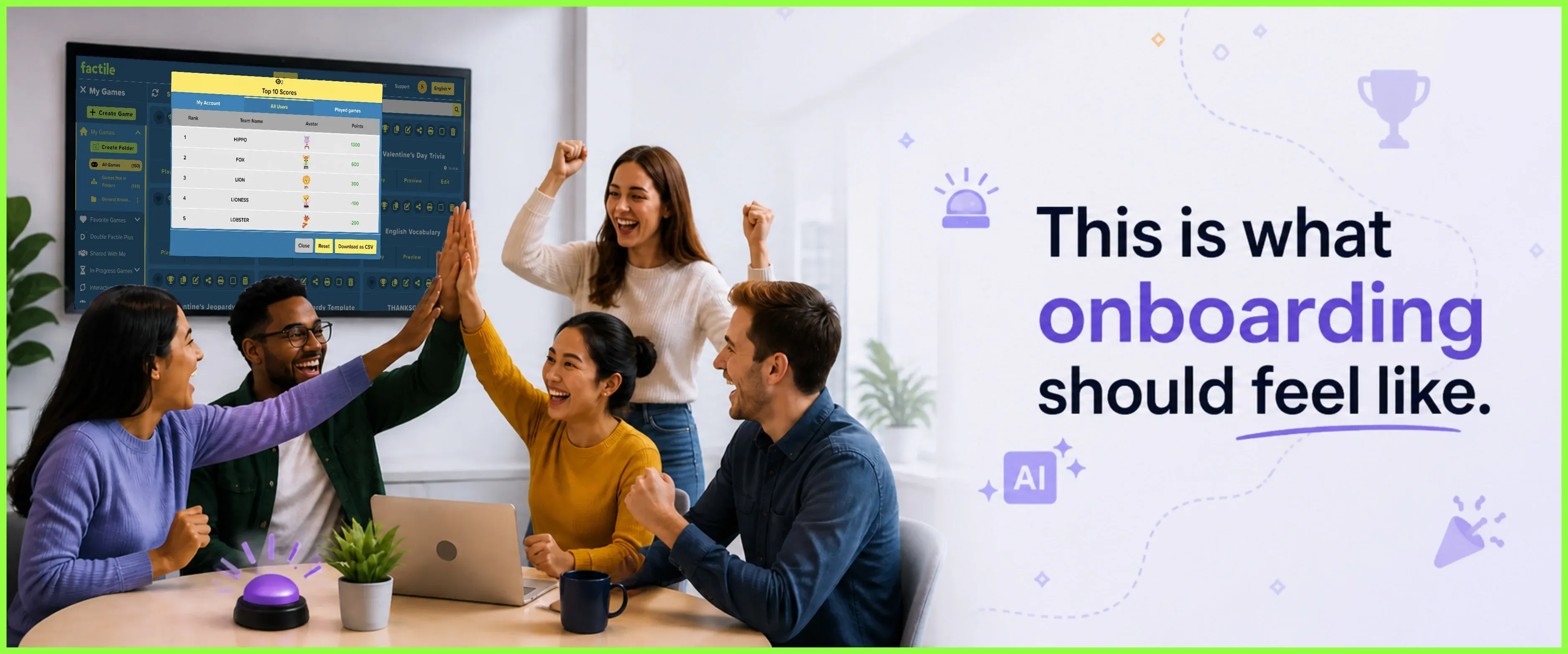 A group of diverse employees cheering and giving high-fives in front of an office leaderboard with the text, 