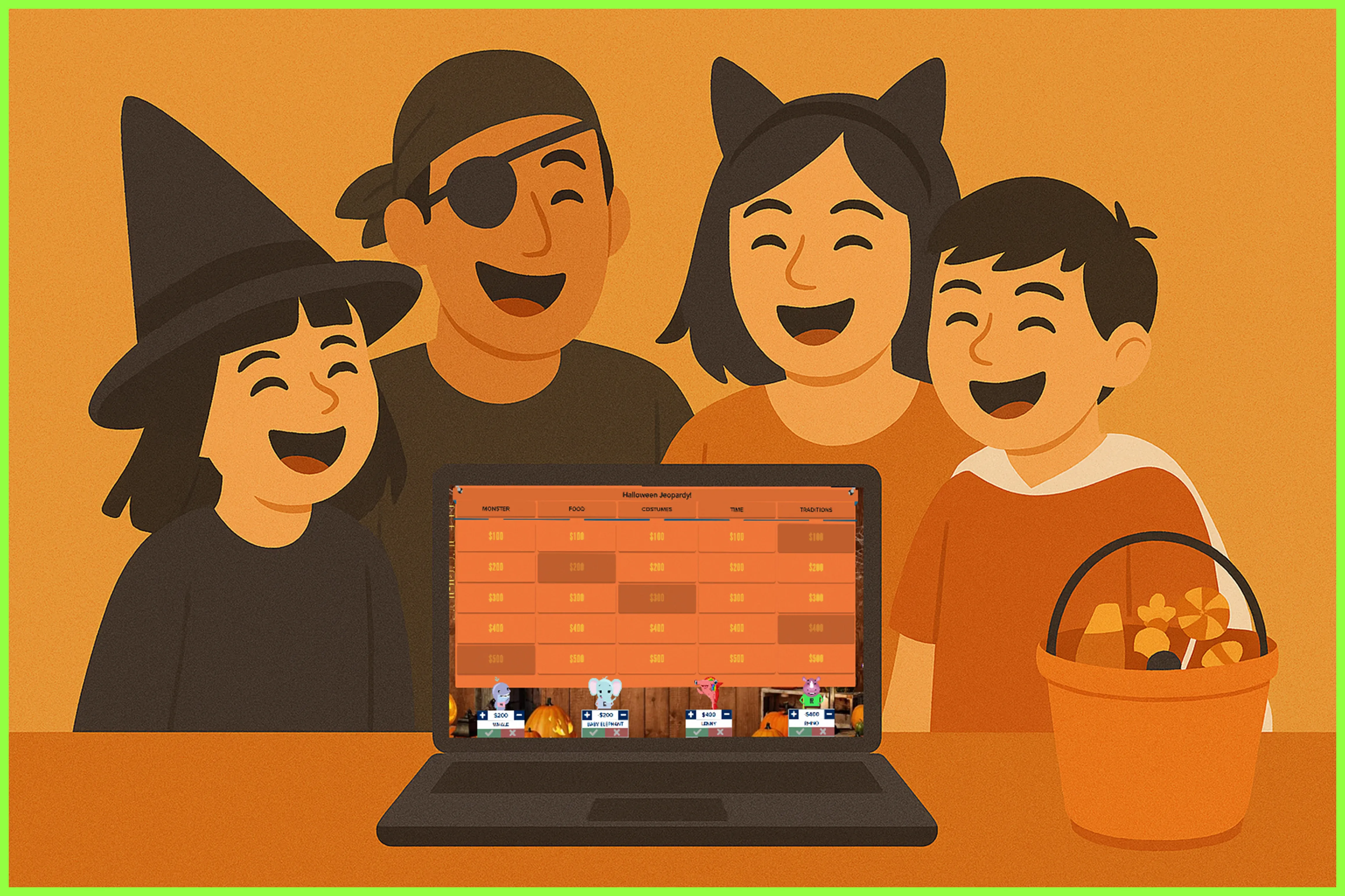 Illustration of kids in Halloween costumes laughing together while playing a Halloween Jeopardy game on a laptop with a candy bucket