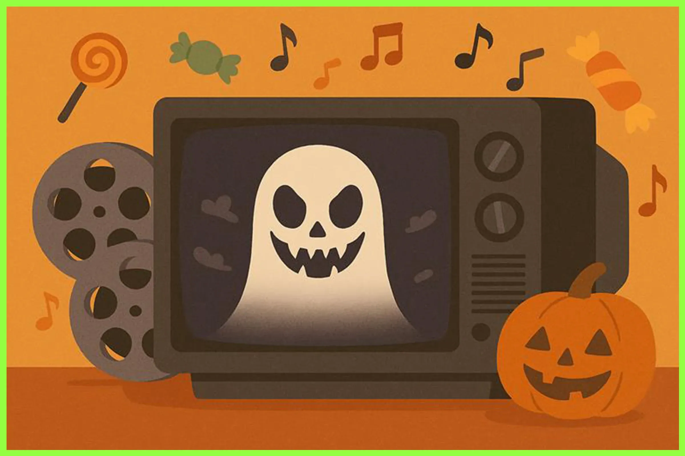 Illustration of a spooky ghost on a vintage TV screen with Halloween icons like pumpkin, candy, film reels, and music notes