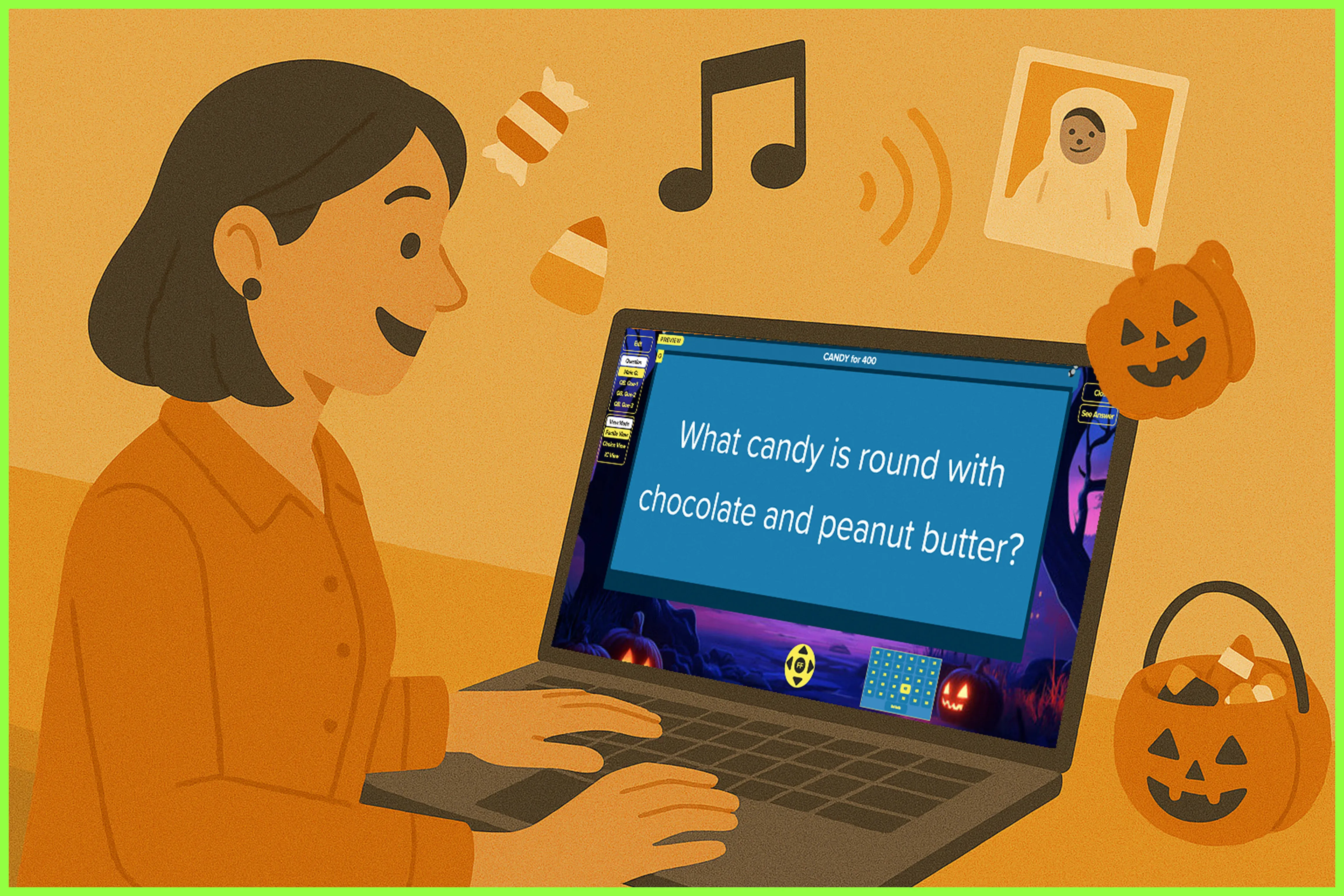 Illustration of a woman playing a Halloween Jeopardy game on a laptop with a candy trivia question, surrounded by pumpkins and Halloween candy
