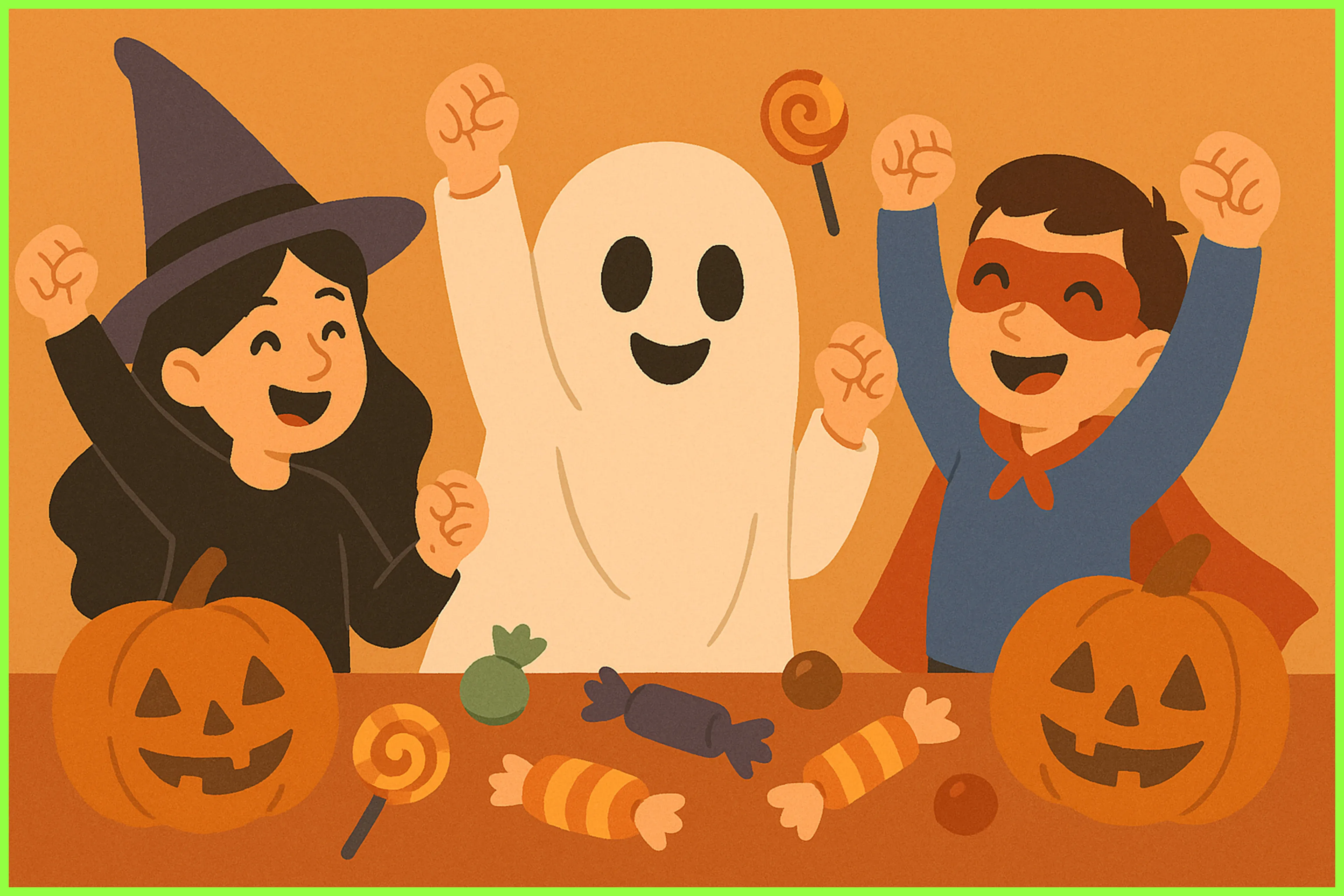 Illustration of happy kids in Halloween costumes, including a witch, ghost, and superhero, celebrating with pumpkins and candy