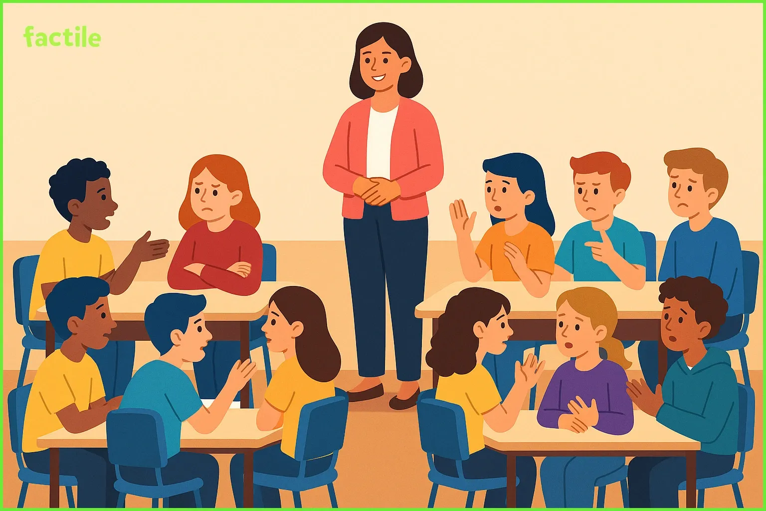 Teacher mediating student disagreements during a classroom Jeopardy game