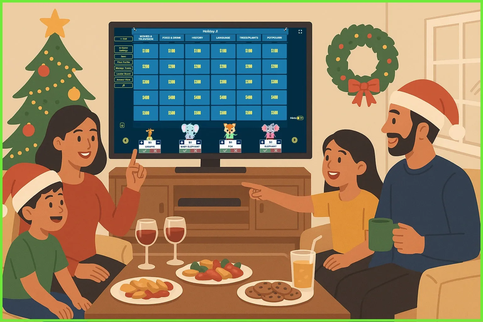 Family playing Holiday Jeopardy on Factile in a cozy living room with Christmas tree and treats, featuring categories like Movies, Food, and History