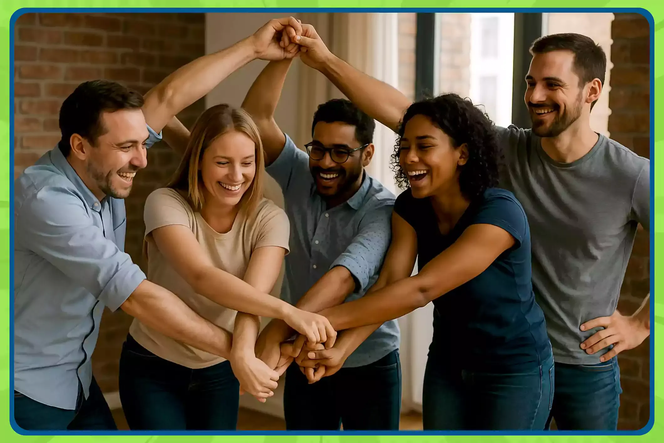 Five smiling people stand in a circle, crossing arms and holding hands in a playful team-building activity.