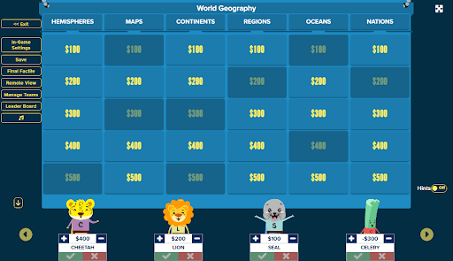 a jeopardy game board with 4 teams playing world jeography jeopardy game