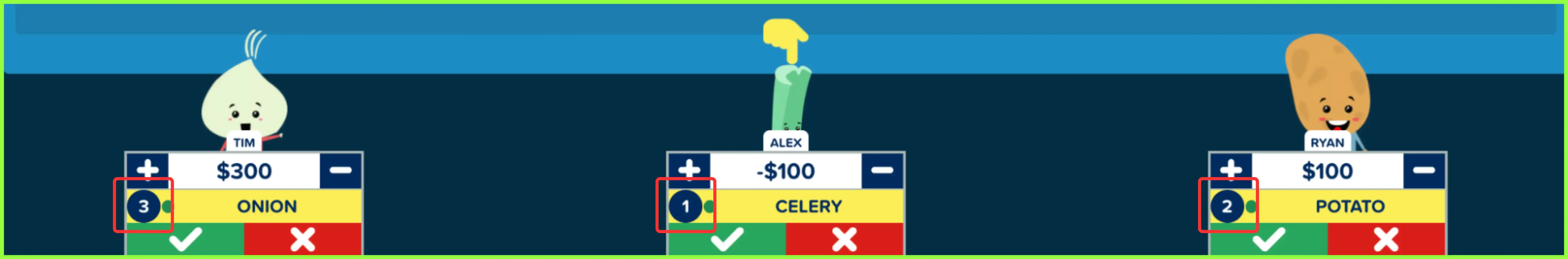 The Factile moderator screen showing team podiums with numbers indicating who buzzed in first, second, and third.