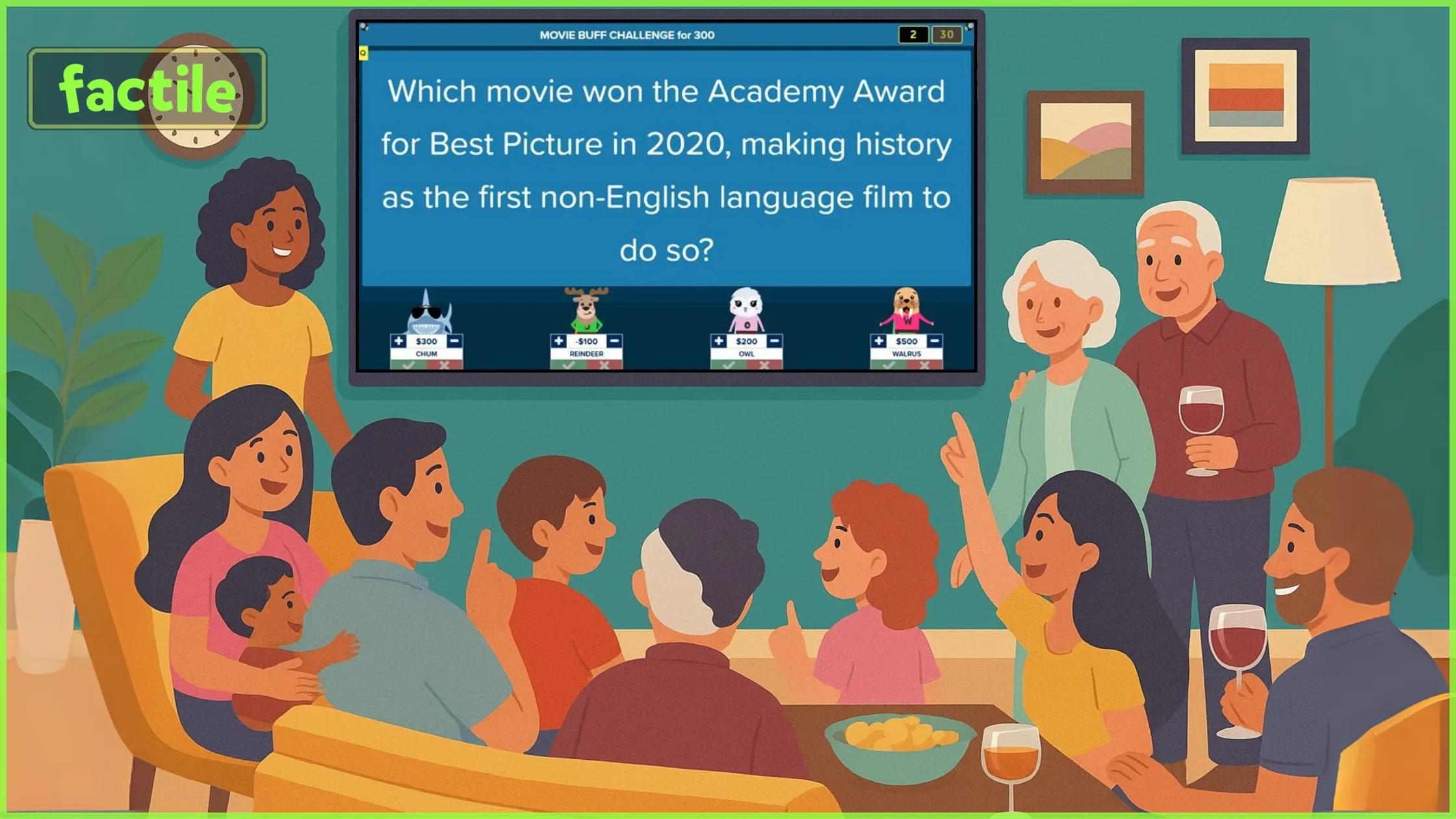 Family playing a Jeopardy-style trivia game on Factile at home