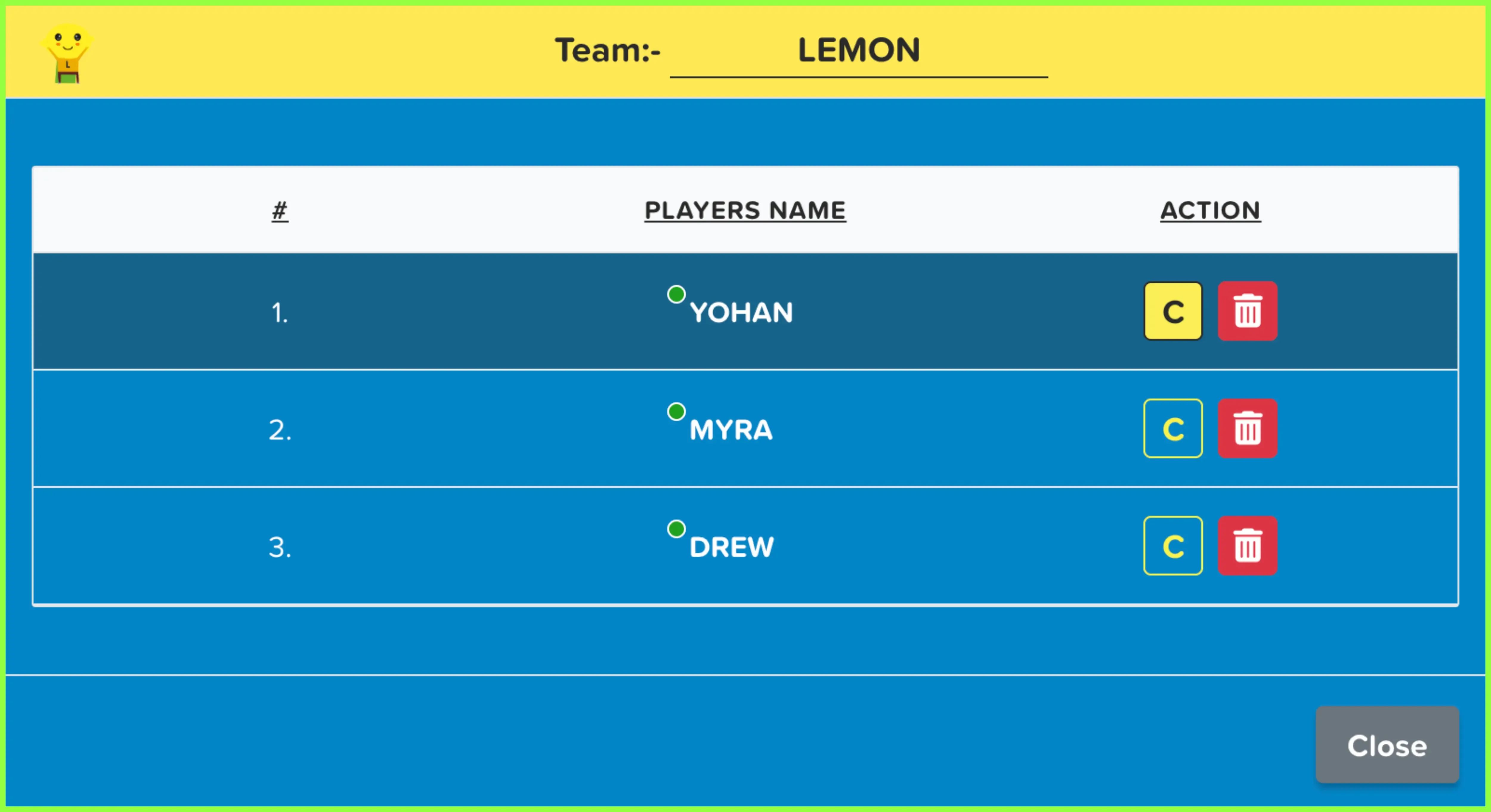 A team management interface demonstrating Factile's ability to fairly track and organize multi-member teams and team captains.