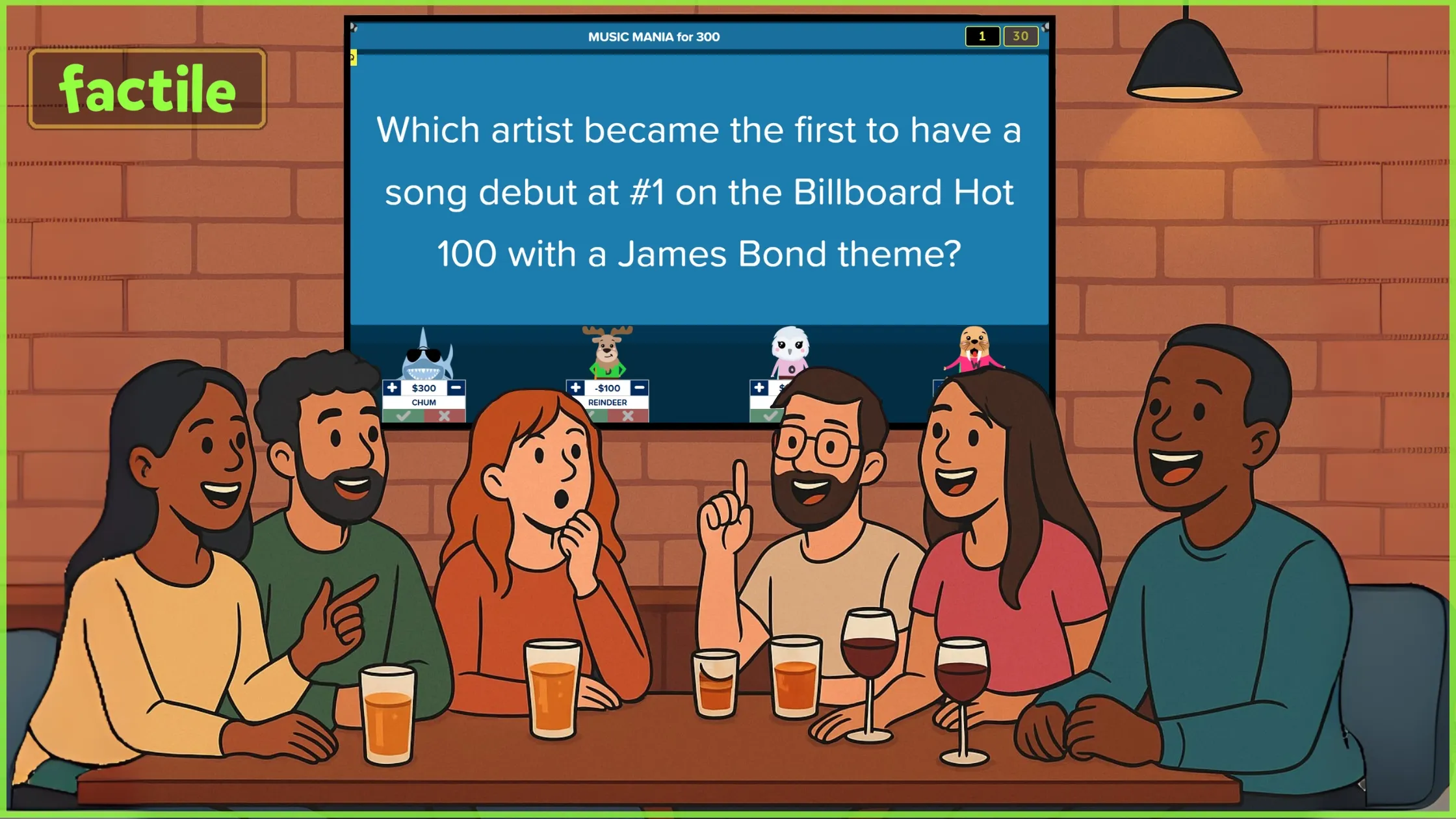 An illustration of six friends, three men and three women, sitting at a table, with drinks. A large screen on the wall shows a question: 