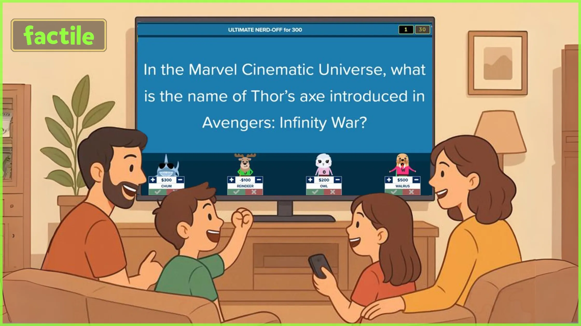 Family playing a Jeopardy-style trivia game on Factile at home