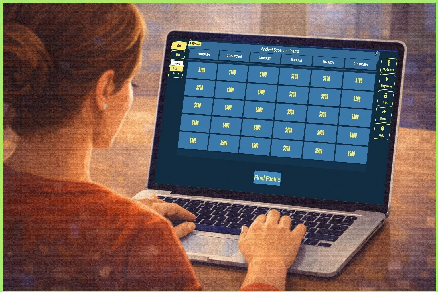 Laptop showing the Factile Jeopardy game maker dashboard.