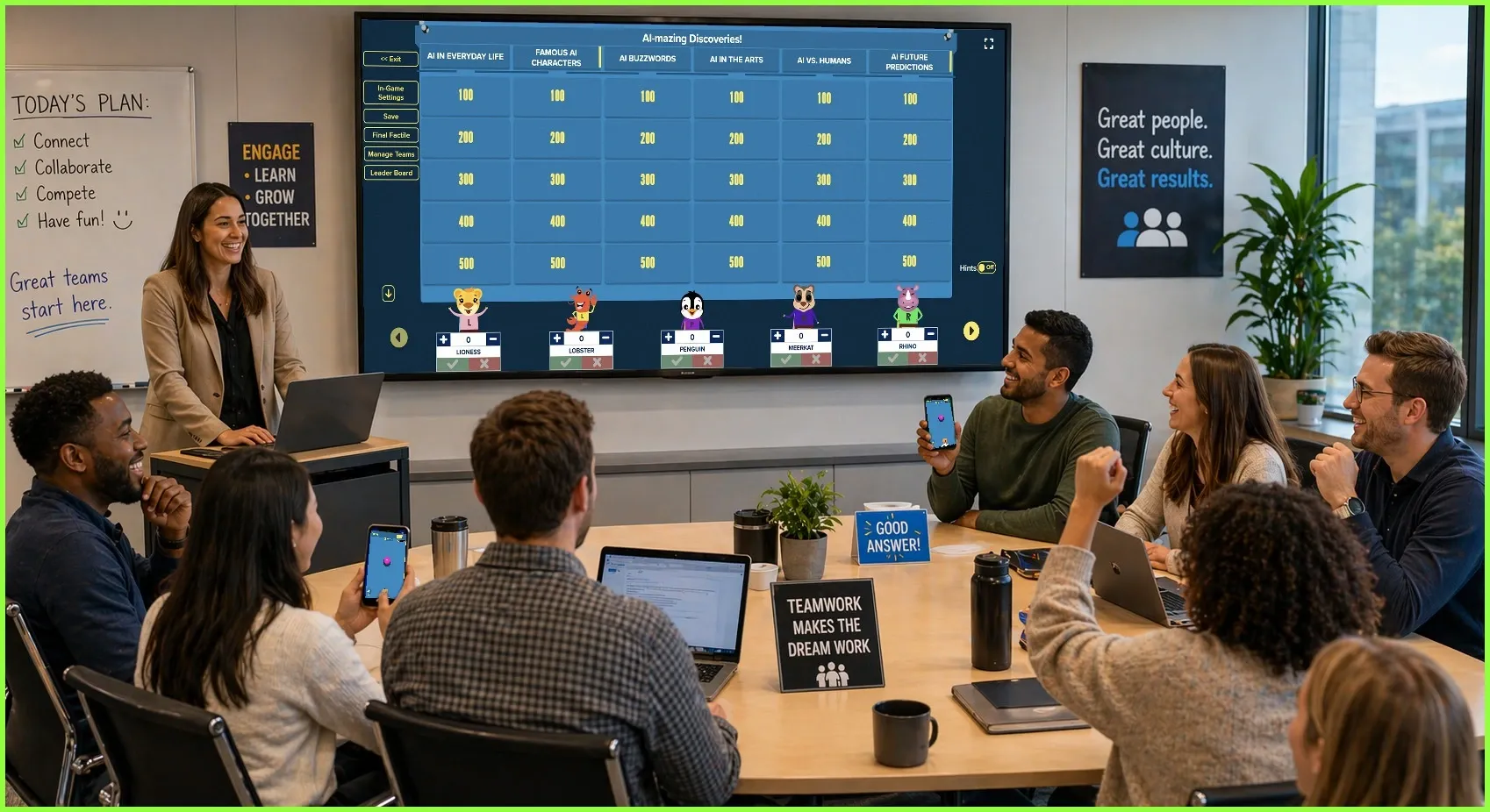 A corporate team in a modern conference room smiling and participating in an interactive office training session using Factile on a smart display.
