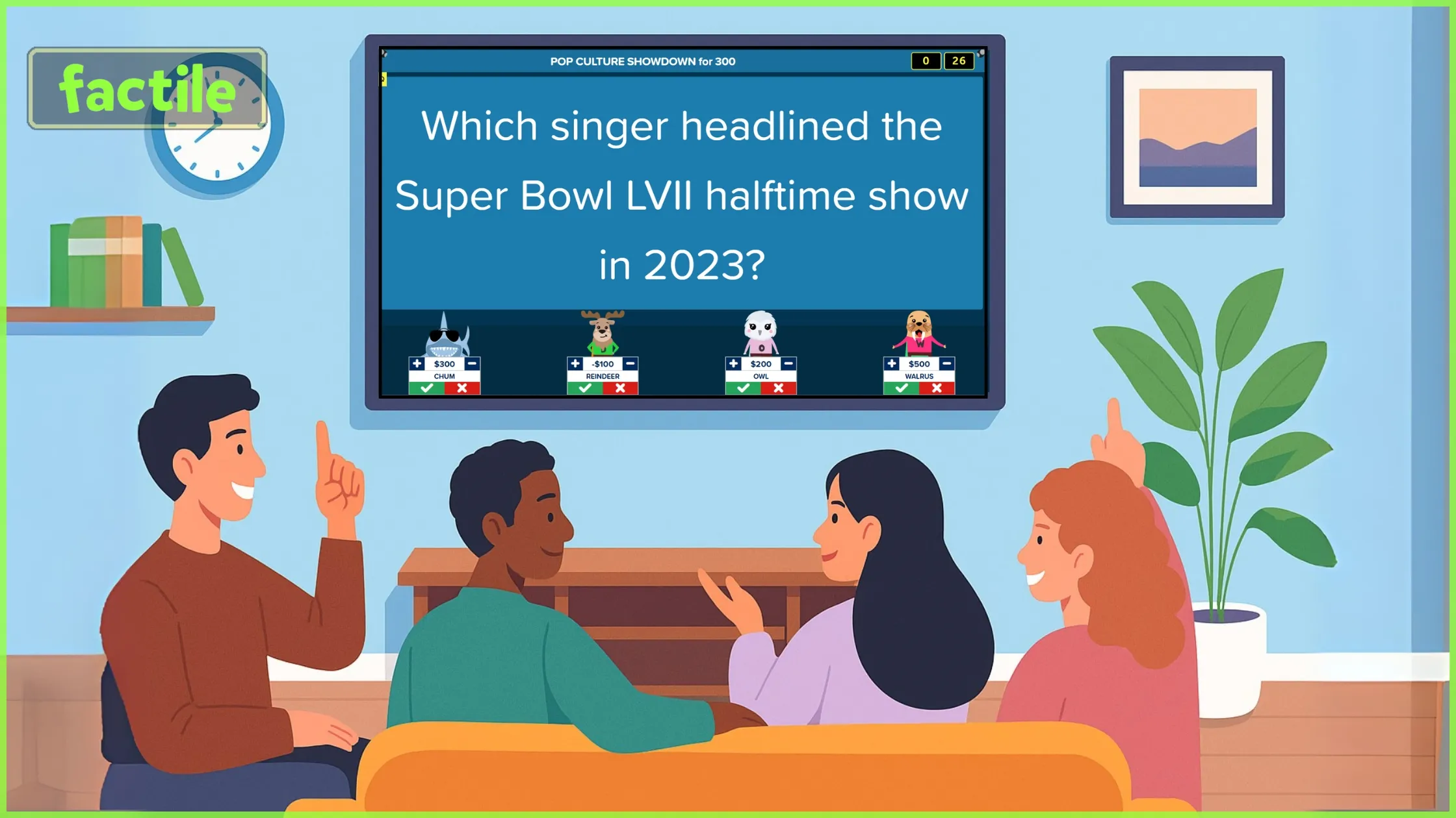 An illustration of four friends, two men and two women on a couch playing a Jeopady game on Factile. A large screen on the wall shows a question: 