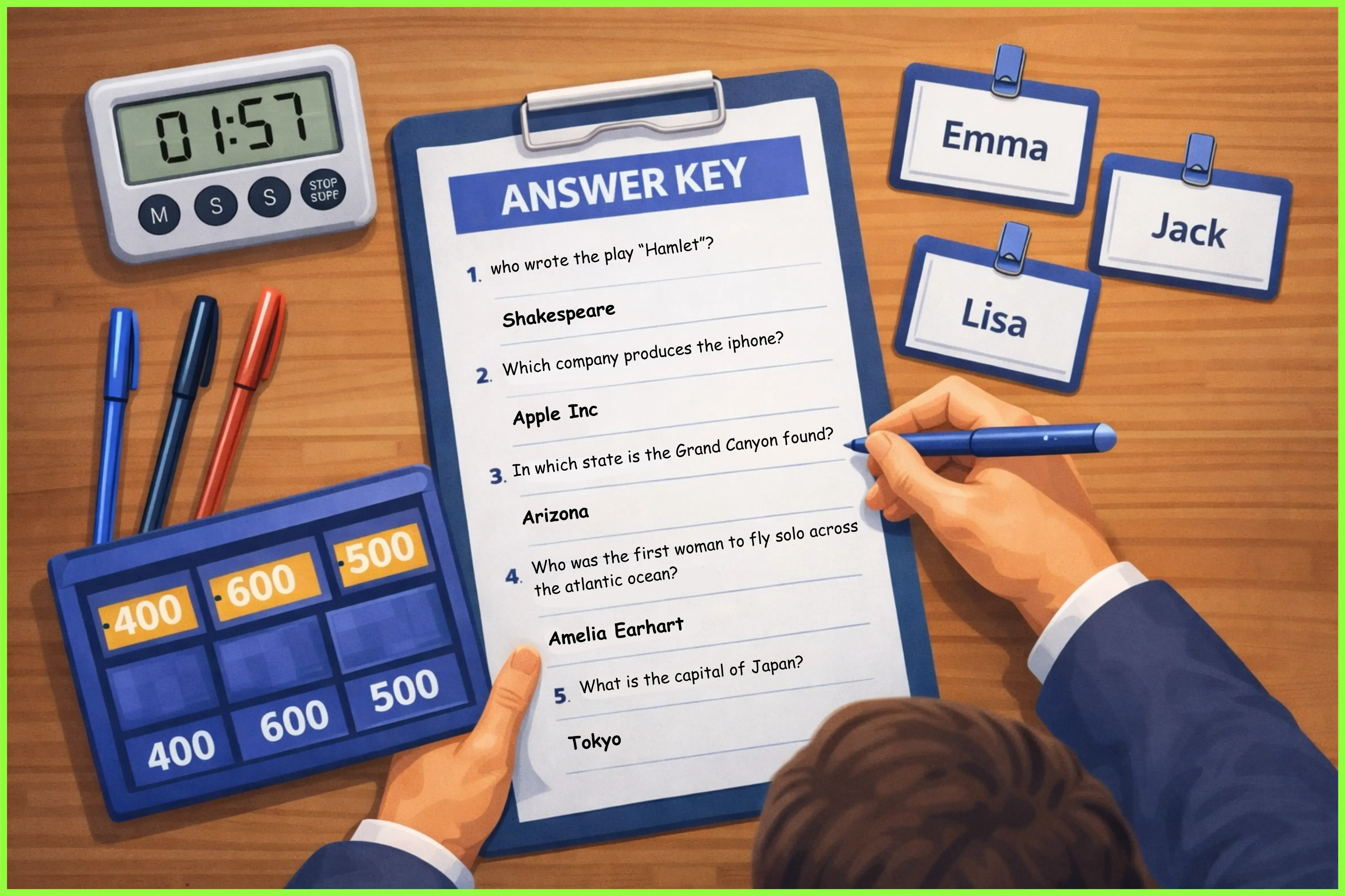 A top-down view of a wooden desk organized for a Jeopardy game preparation.